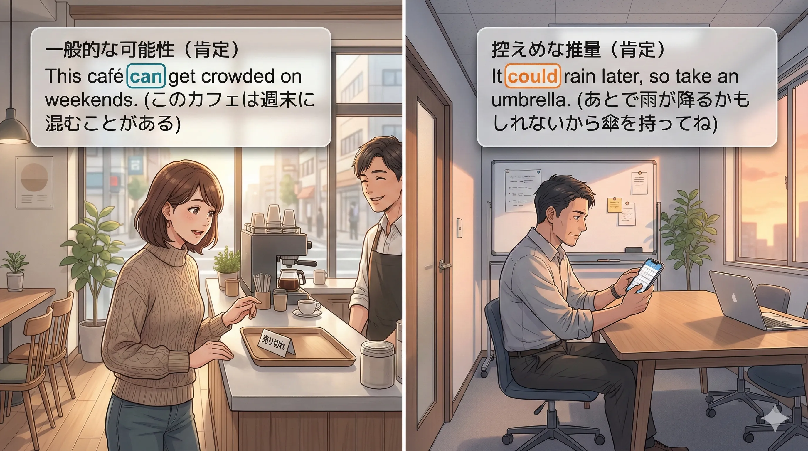 can / could の肯定文：一般的な可能性（can）と控えめな推量（could）を整理