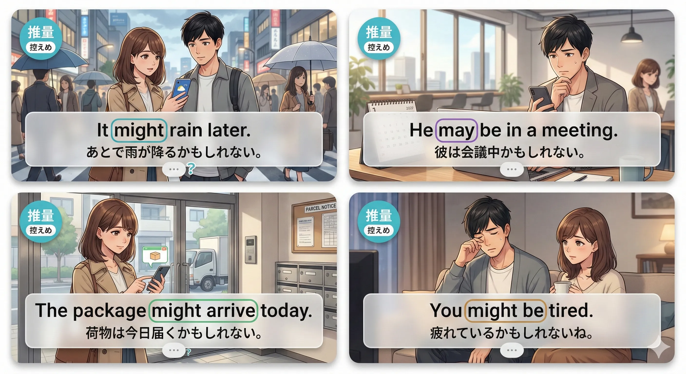 may / might の推量：確率のニュアンスと、may/might + 動詞、may/might have + 過去分詞を図で整理