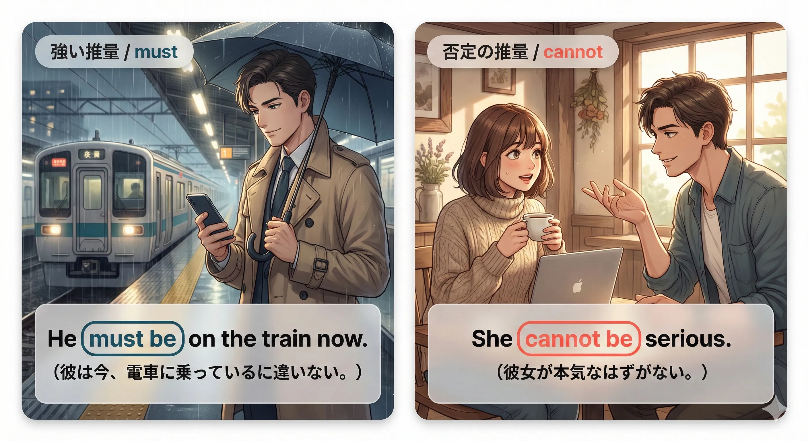 推量の must と 否定の cannot（確信の推測）のイメージ図