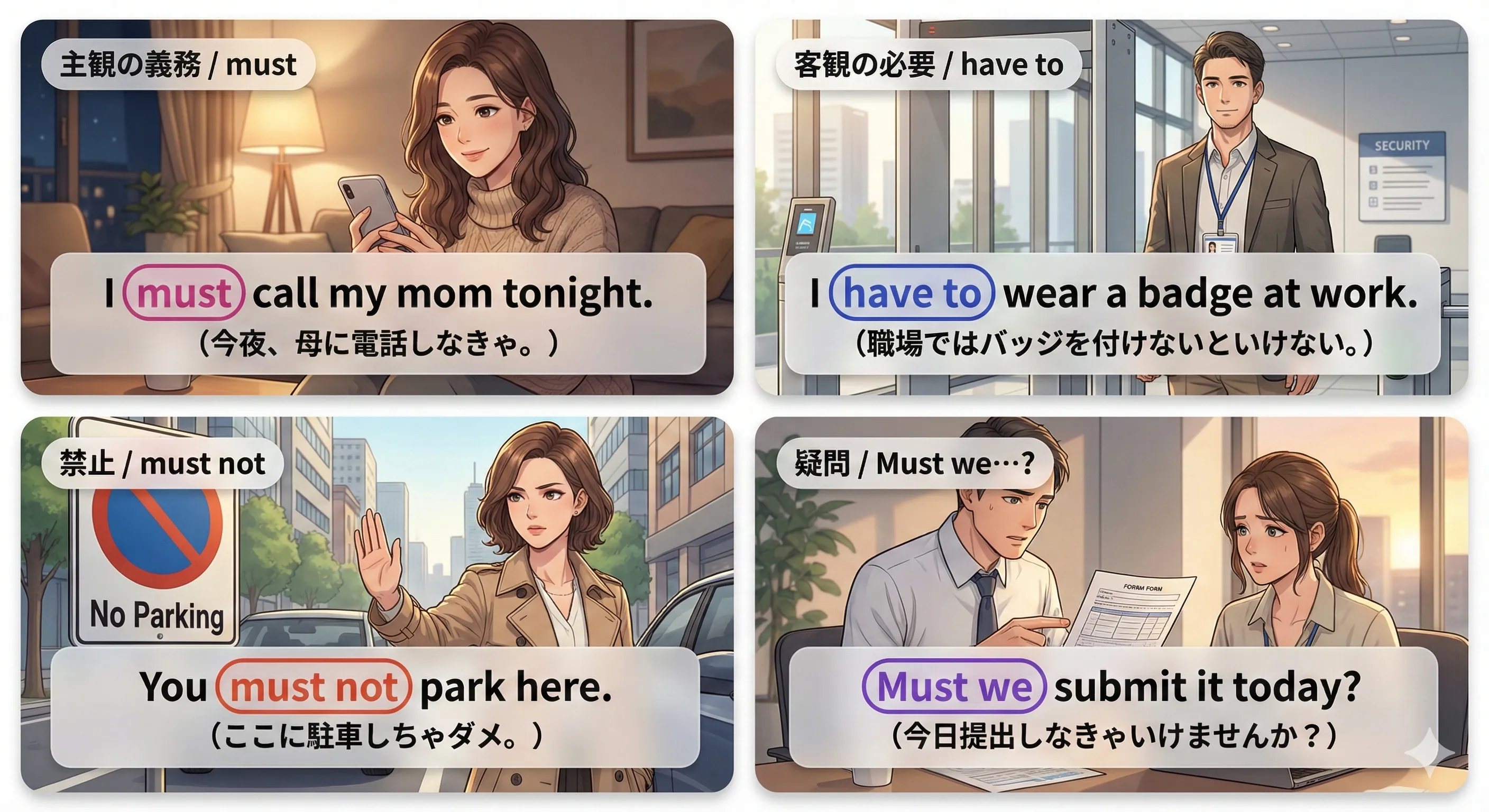 must / have to / must not（義務・必要・禁止）の使い分けイメージ図