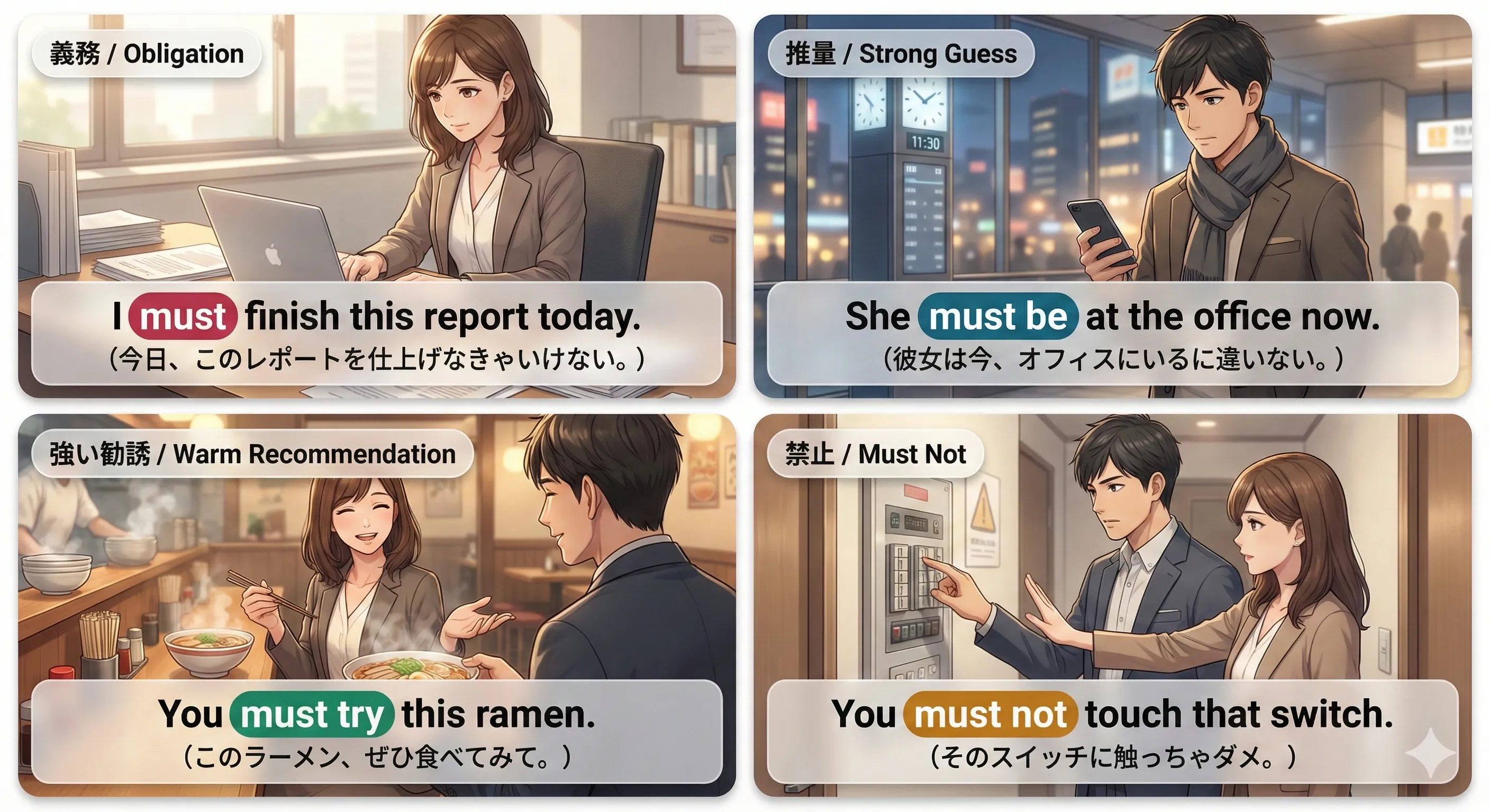 must の3つの使い方（義務・推量・勧誘）を1枚で整理した図