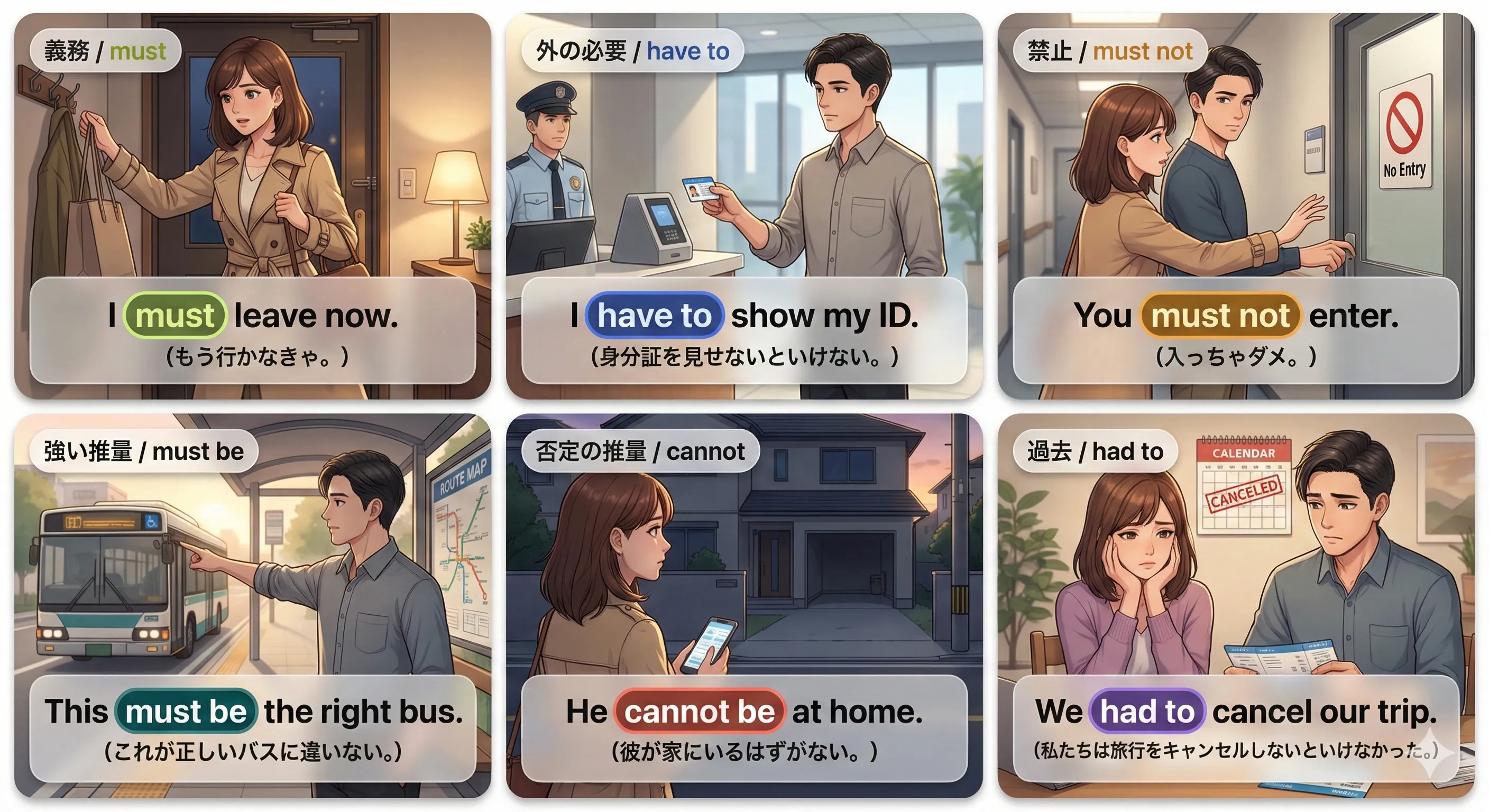 must の使い分け（義務・推量・勧誘）をまとめて確認するイメージ