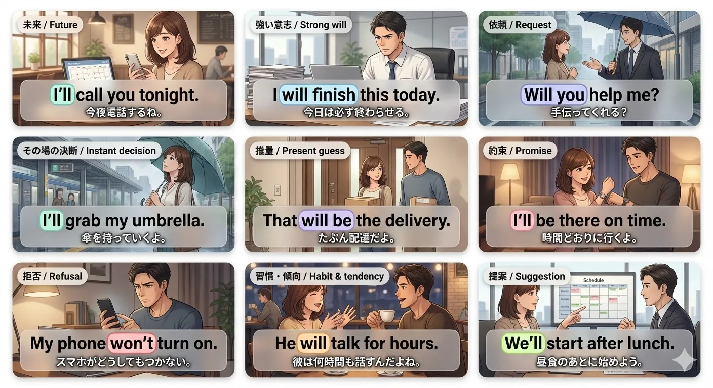 will の全体像：未来・意志（won'tの拒否）・習慣・推量・依頼をまとめて理解する図