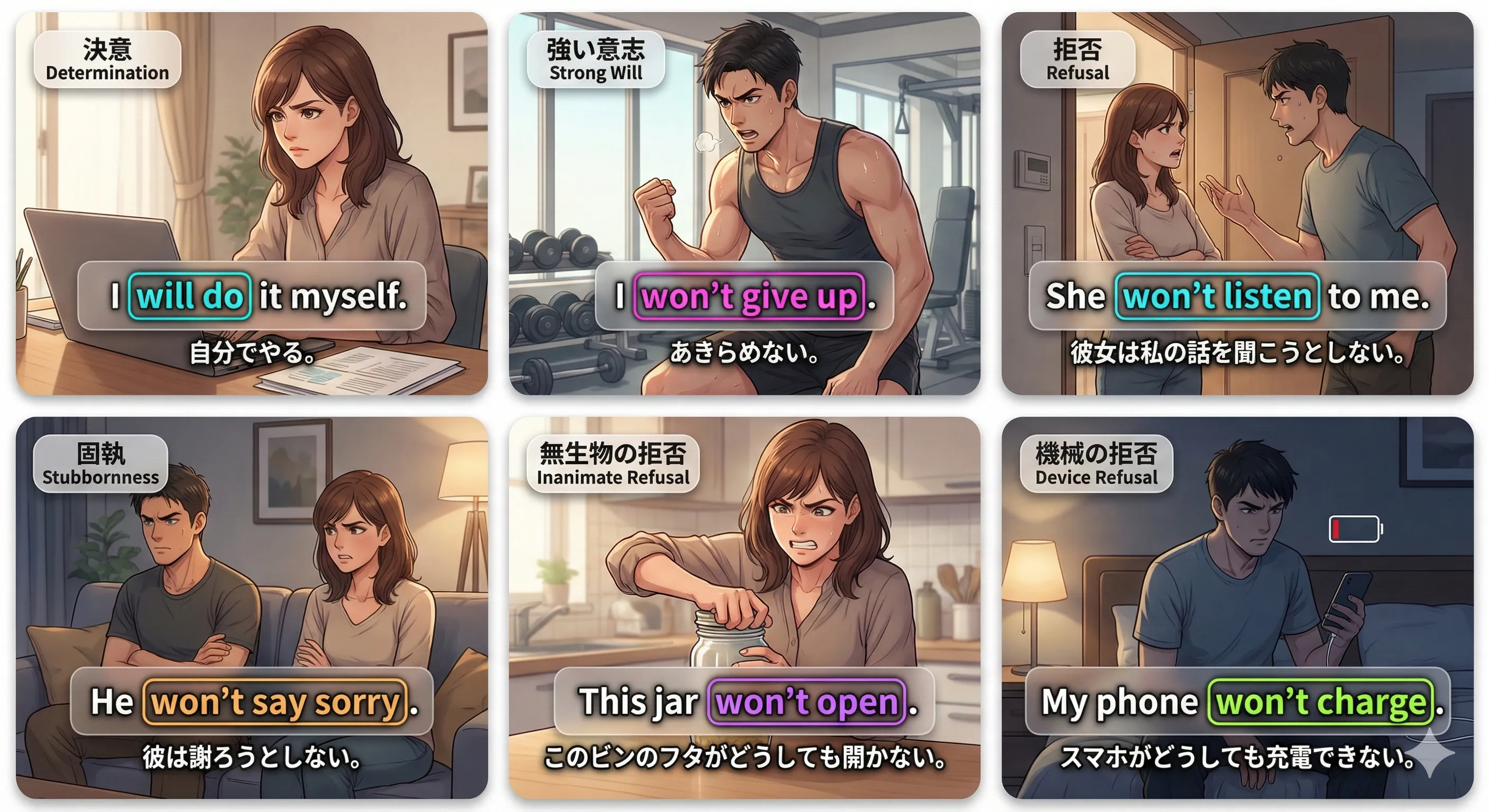 will の意志用法と won’t（拒否）のイメージ図