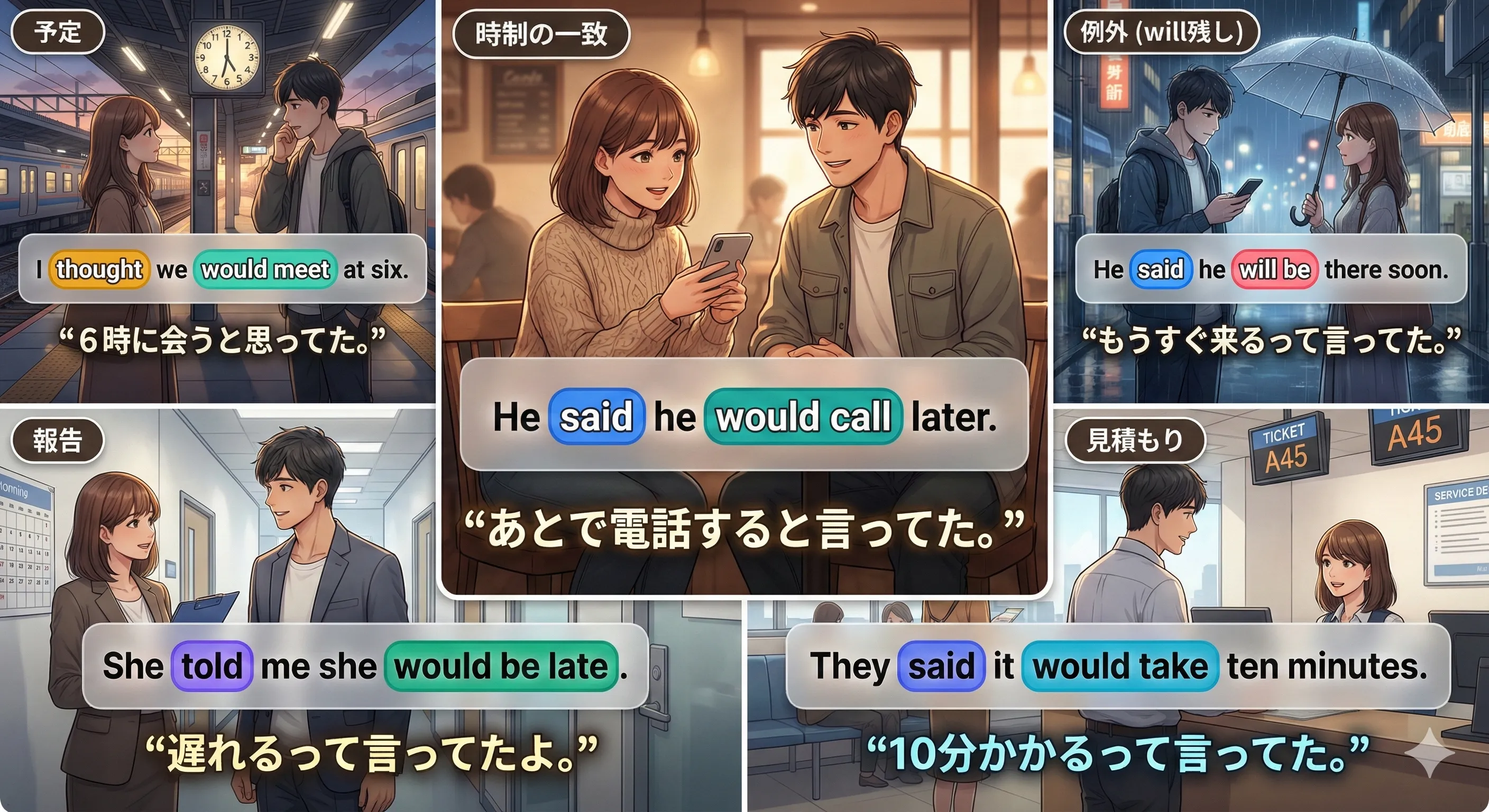 would の時制の一致（will → would）を、直接話法→間接話法の視点で整理した図