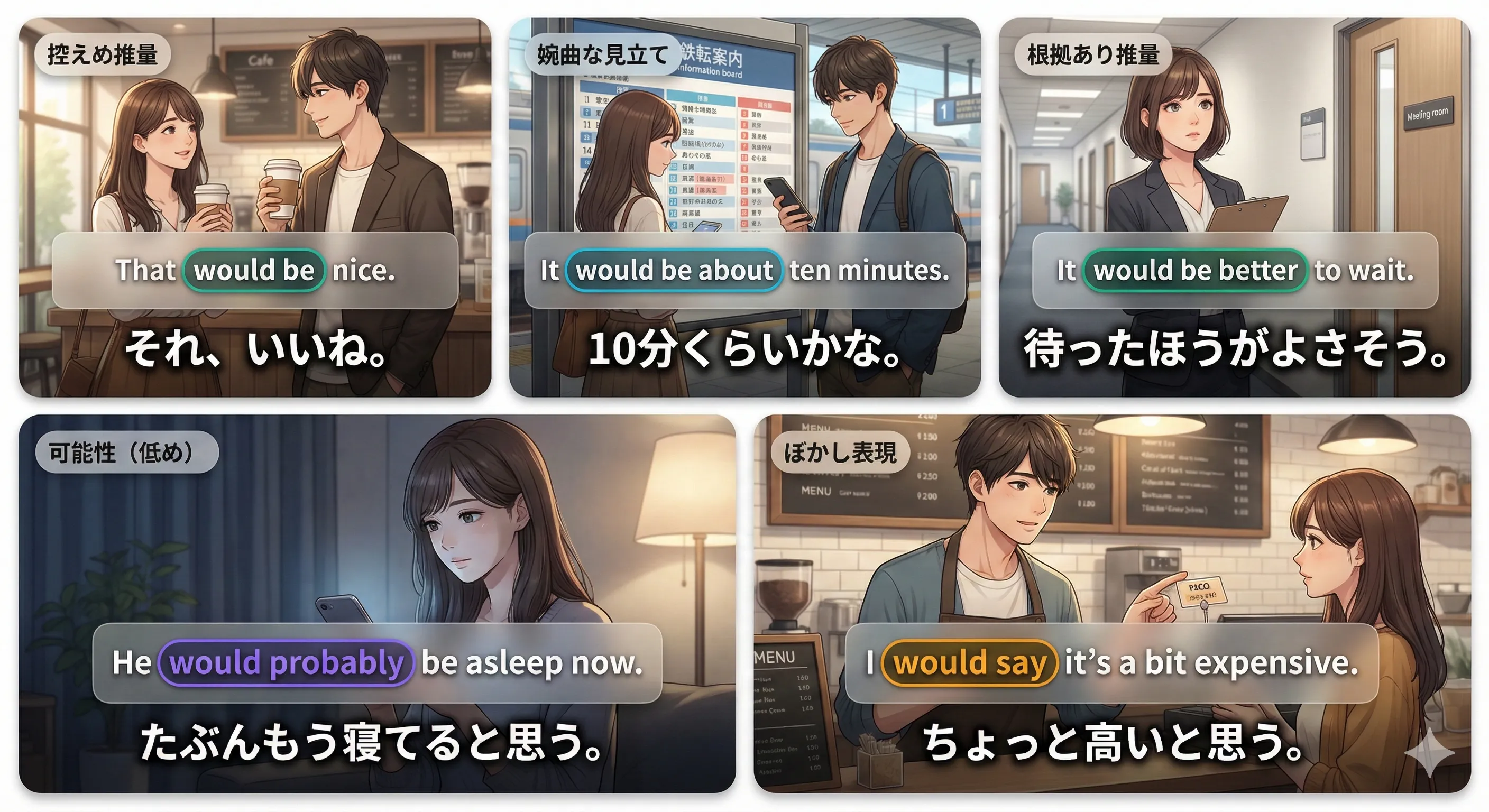 would の推量（控えめな見立て）を、確信度のグラデーションでイメージ化した図