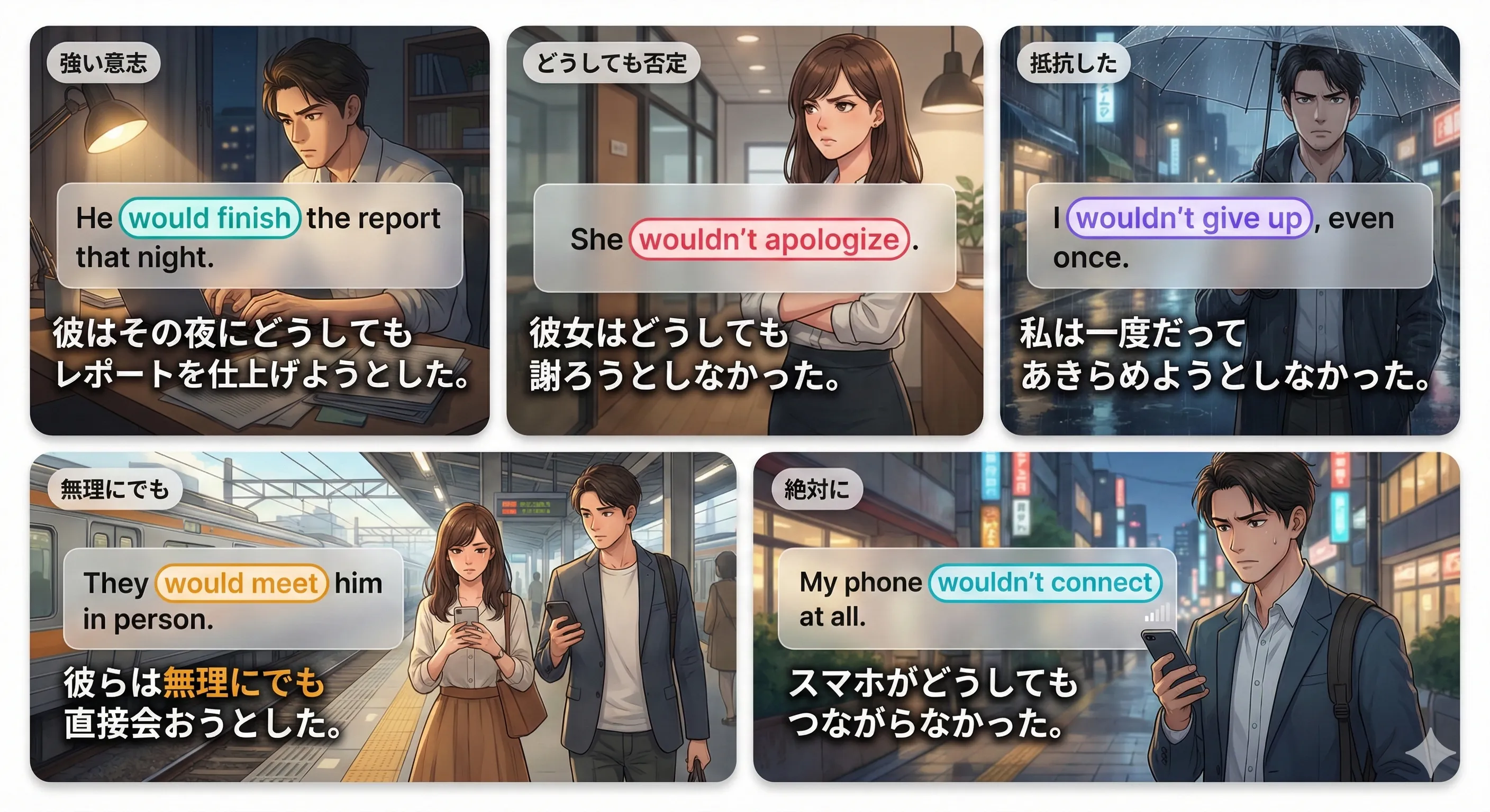 would / wouldn't の強い意志：過去の拒否（wouldn't）・こだわり（would）のニュアンスを図で整理