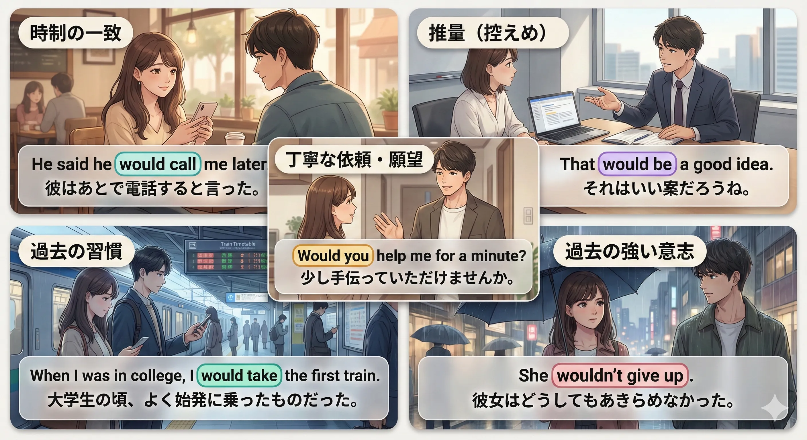would の用法まとめ：時制の一致・控えめ推量・過去の習慣・過去の強い意志・丁寧な依頼を1枚で整理