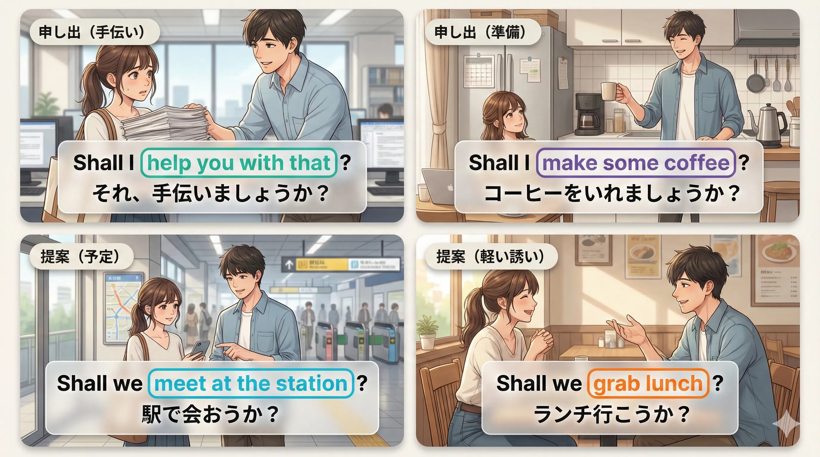 Shall I / Shall we の使い方：申し出（Shall I ...?）と提案（Shall we ...?）を会話の場面で整理