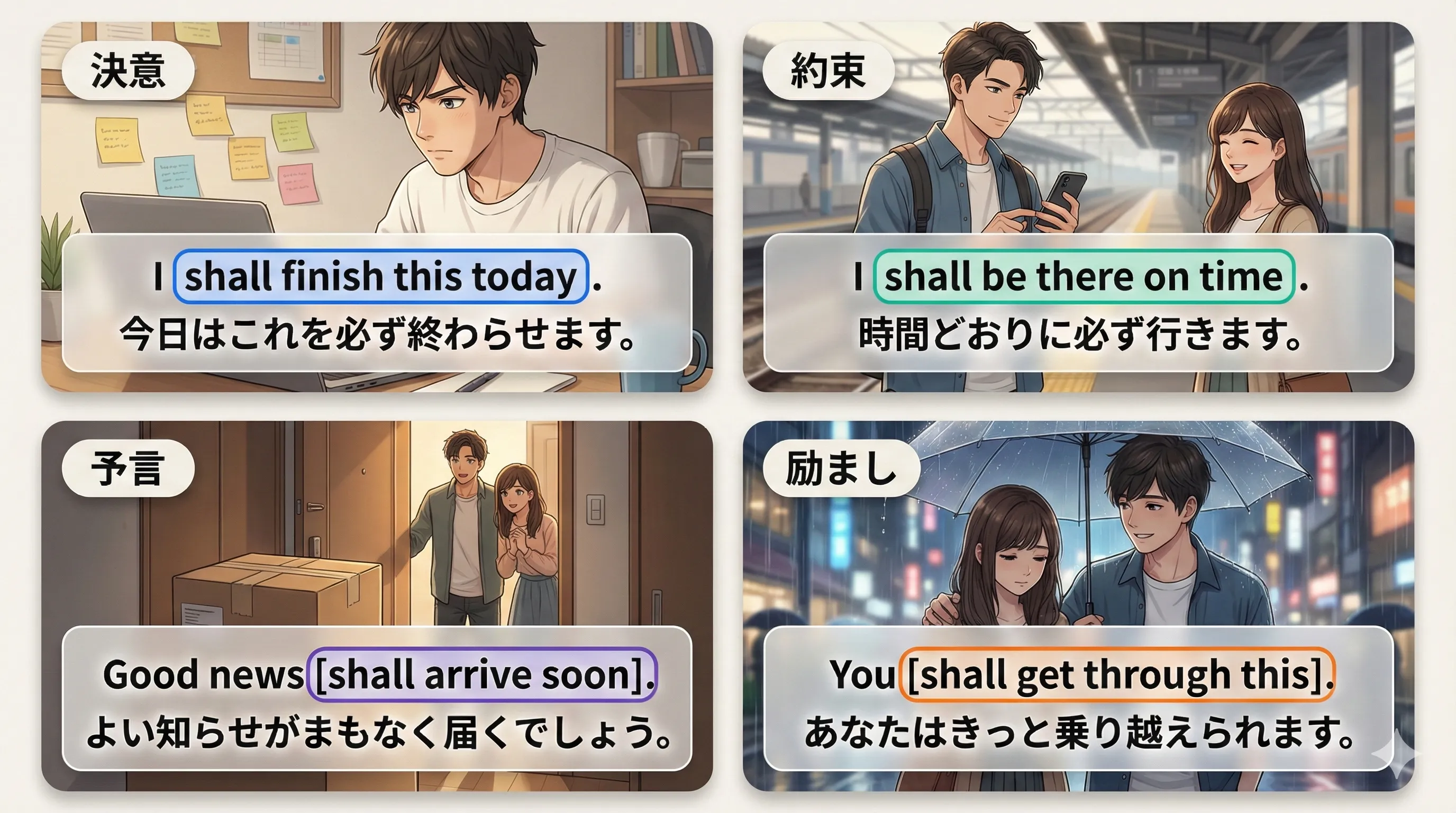 shall の用法：予言（きっと～であろう）と強い決意（必ず～する）をフォーマルな場面で整理