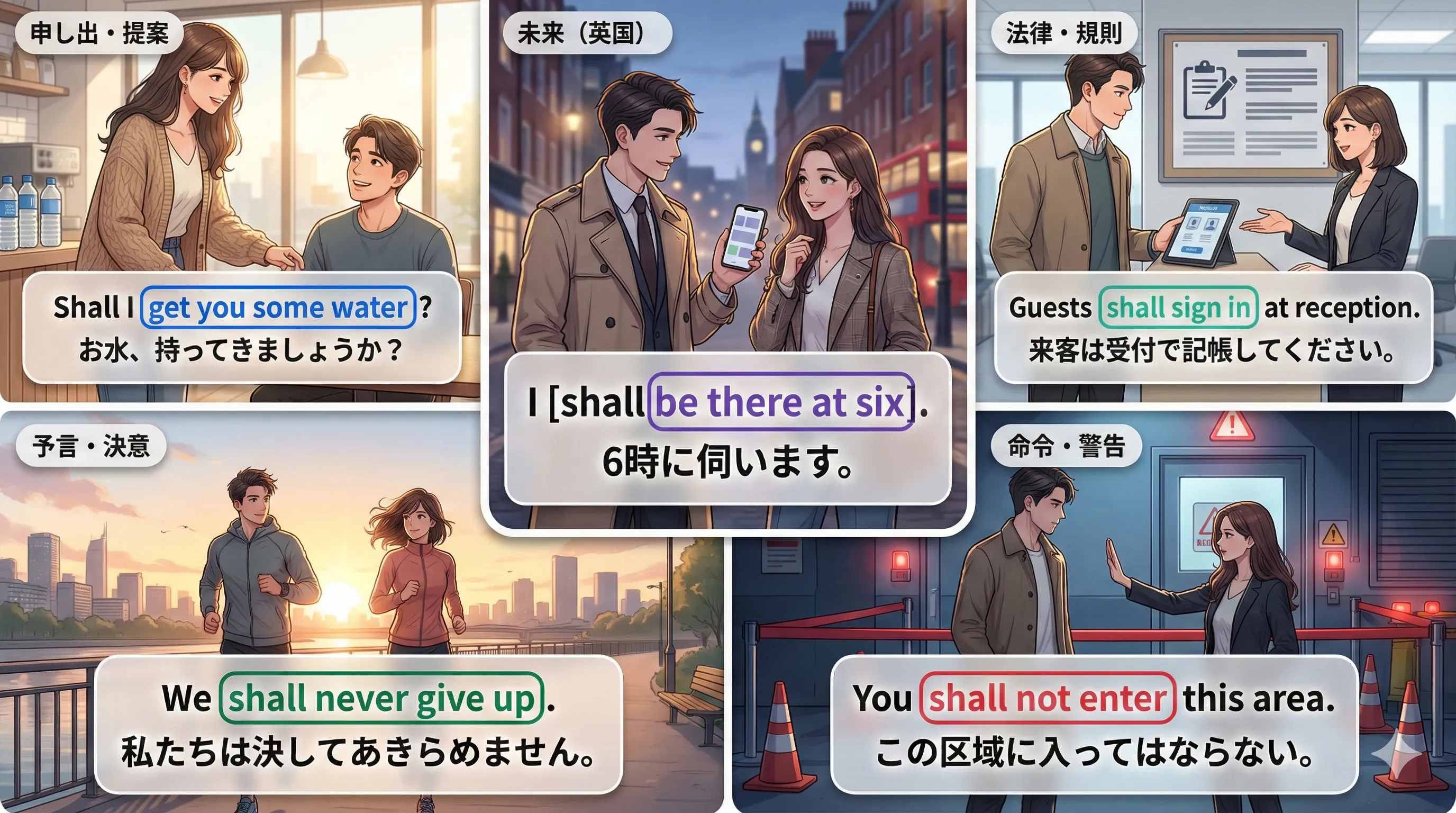 shall の使い方総復習：Shall I / Shall we、法律・規則、予言・決意、命令・警告の4系統を整理