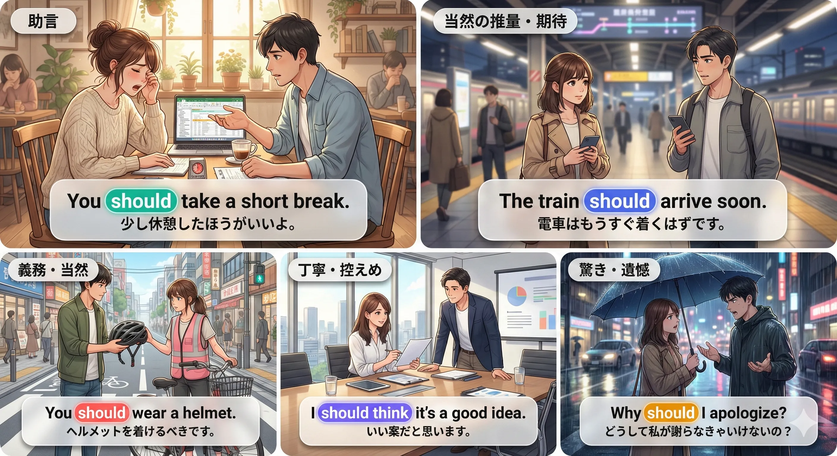 should の5つの使い方（助言・義務・予想・過去の反省・疑問文で相談）をまとめた図