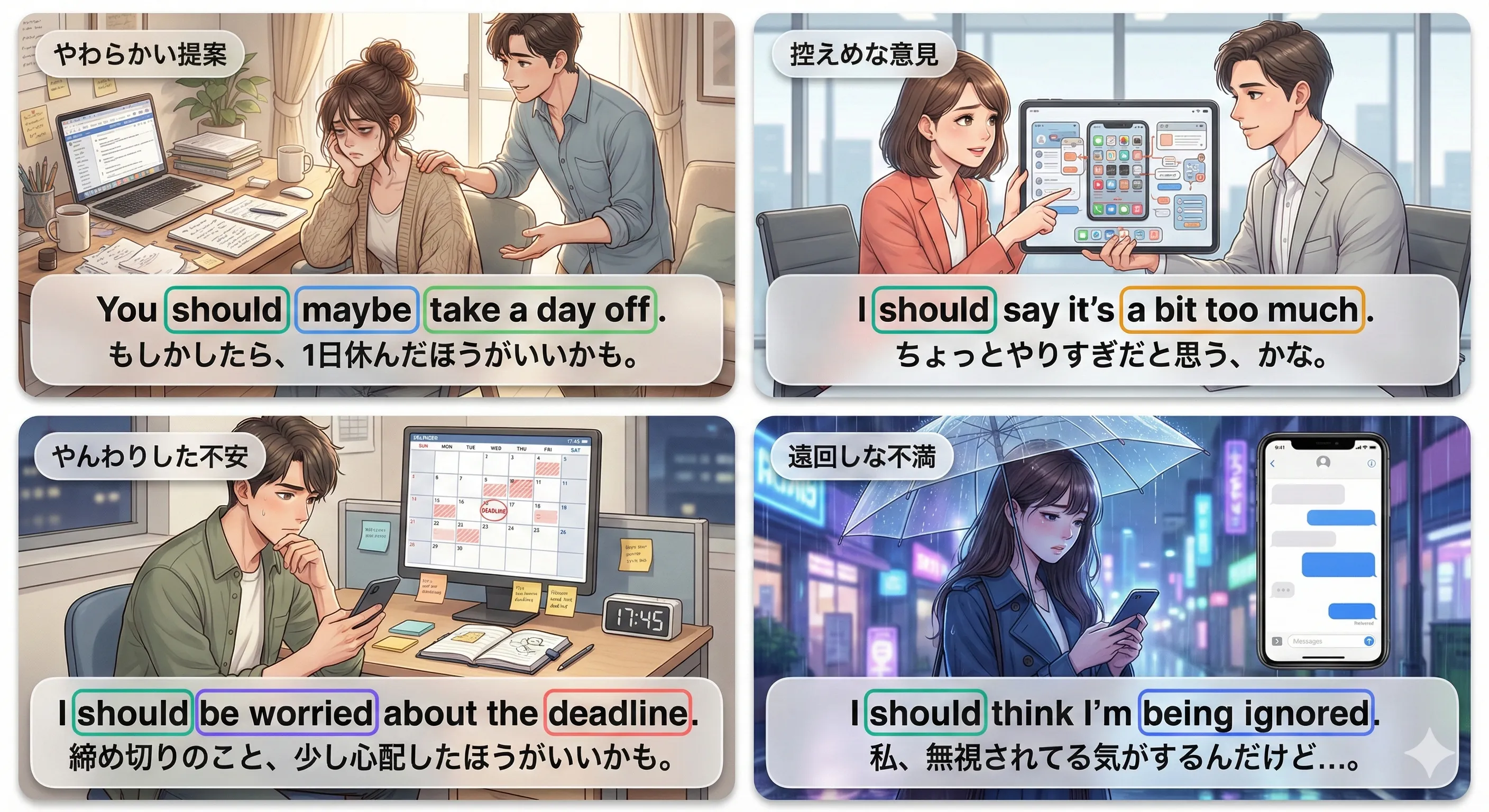 should を使った丁寧で控えめな言い方（やわらかい意見・感情）のイメージ