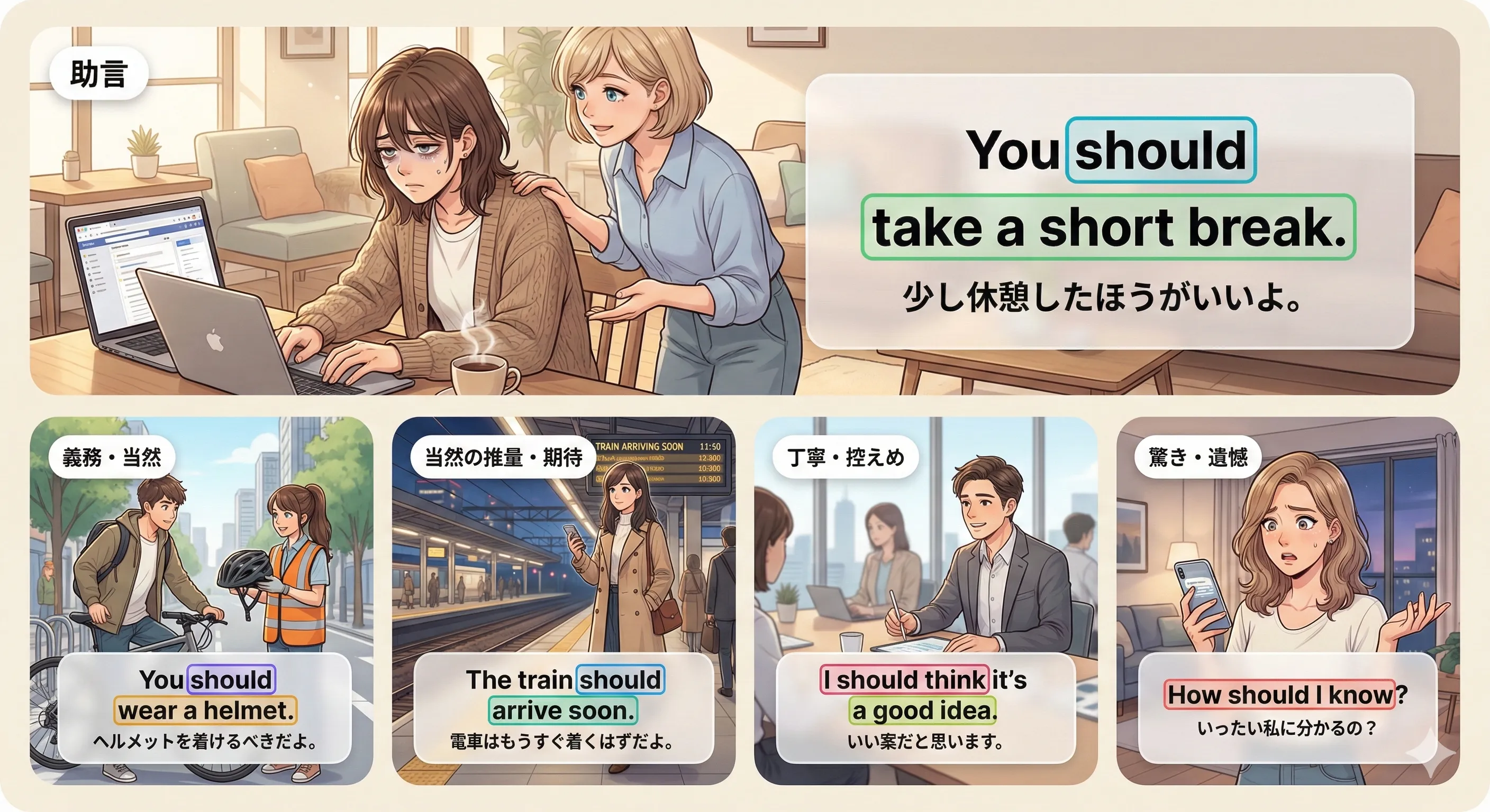 should の5つの主要用法：助言／推量／控えめ／驚き・遺憾／mandative をまとめたイメージ