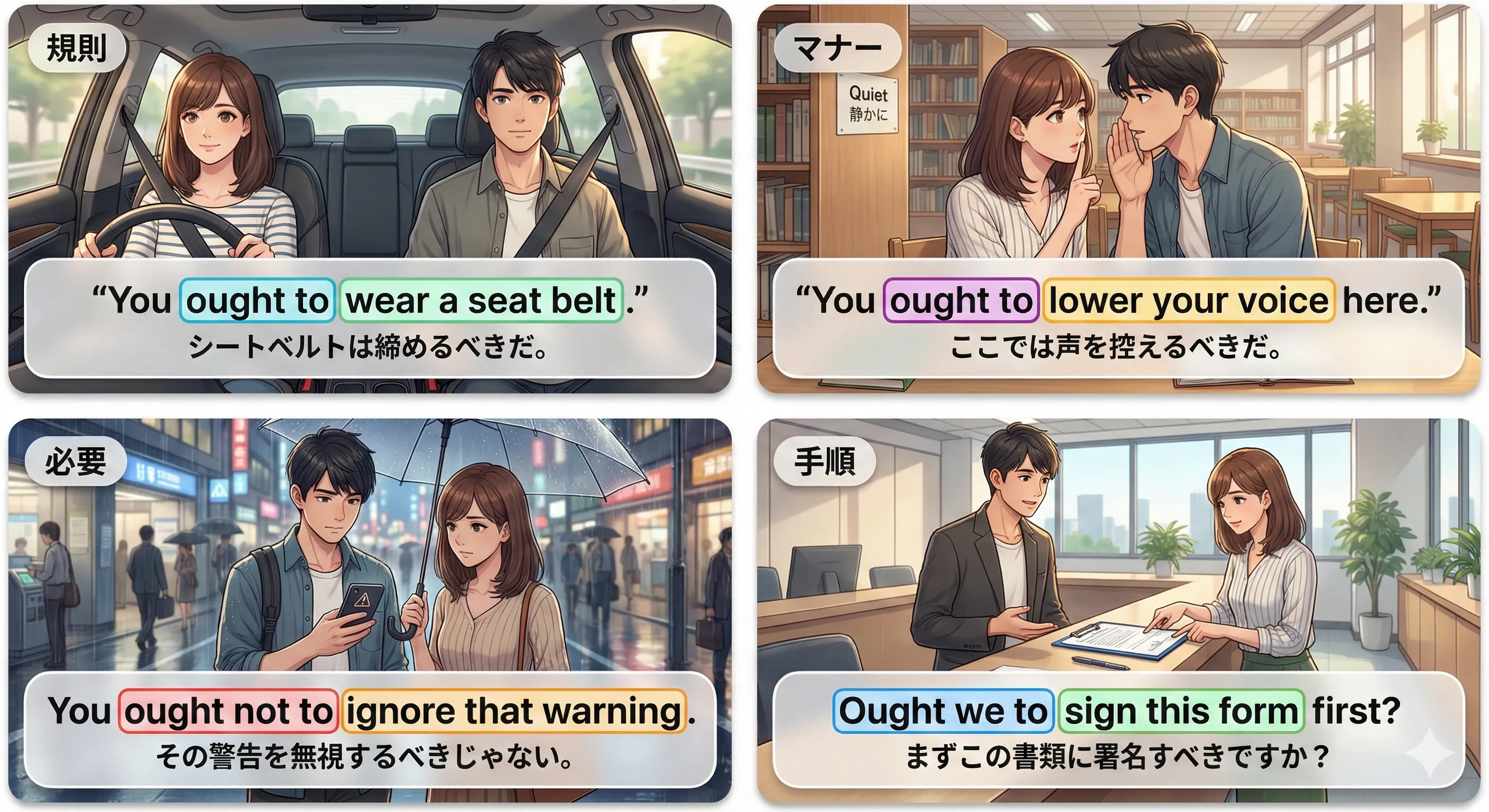 ought to：義務・当然（否定・疑問も）を表すイメージ図