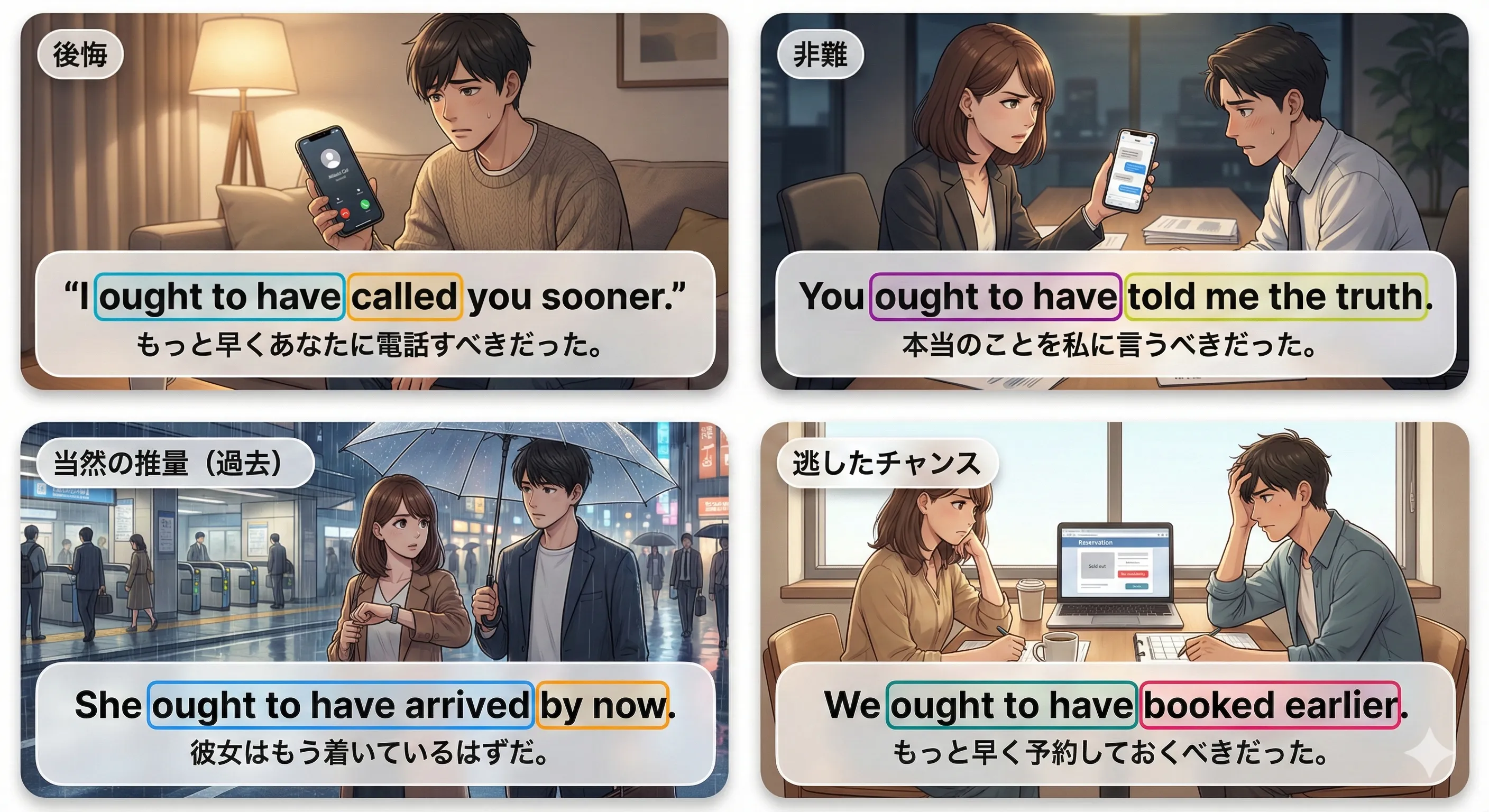 ought to have + 過去分詞：『すべきだった（のに）』を過去に向けて言うイメージ図
