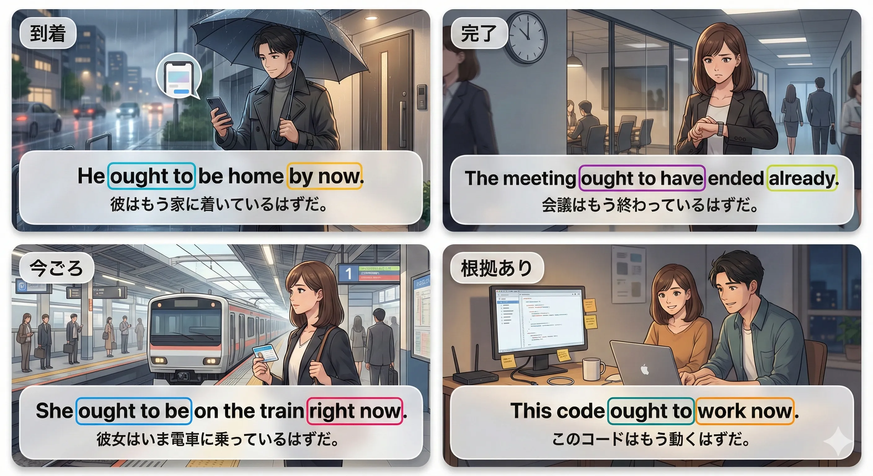 ought to：根拠のある見込み・当然の推量（～のはずだ）を表すイメージ図