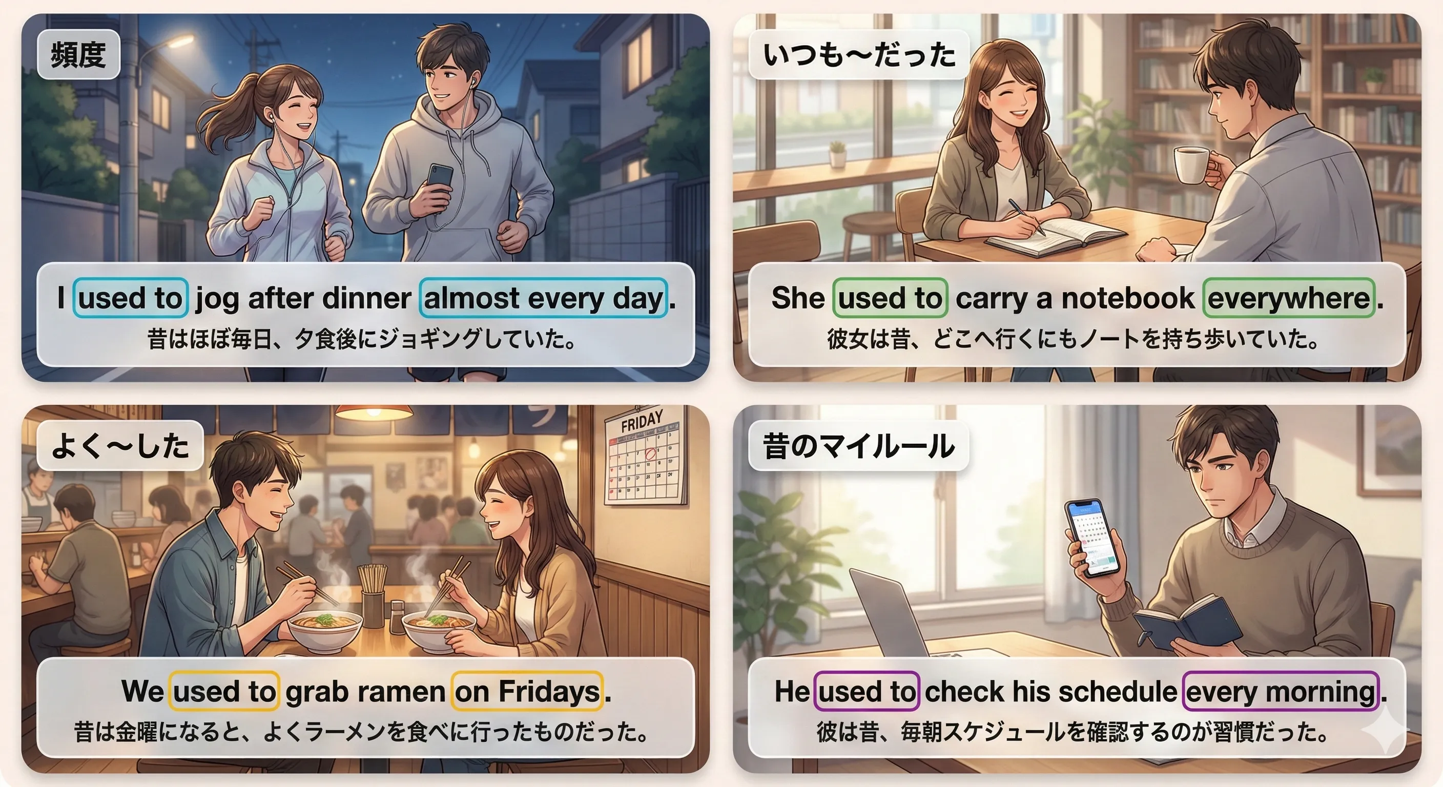 used to：昔の規則的習慣を表すイメージ図
