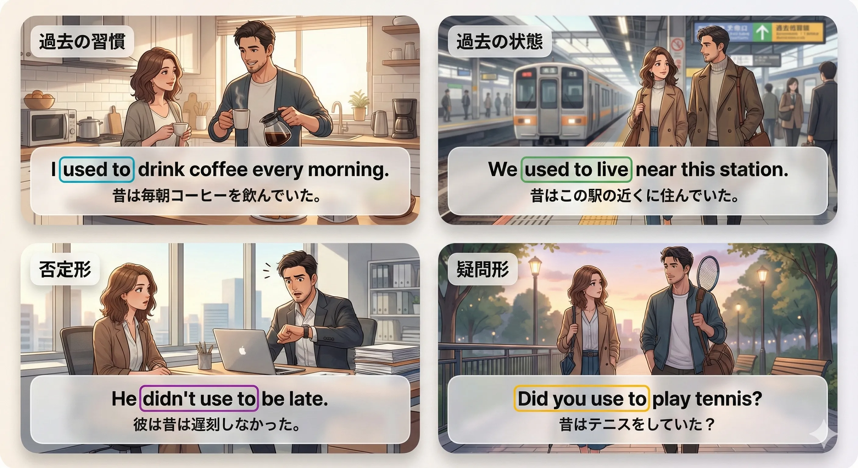 used to：過去はそうだったが今は違う、を表すイメージ図