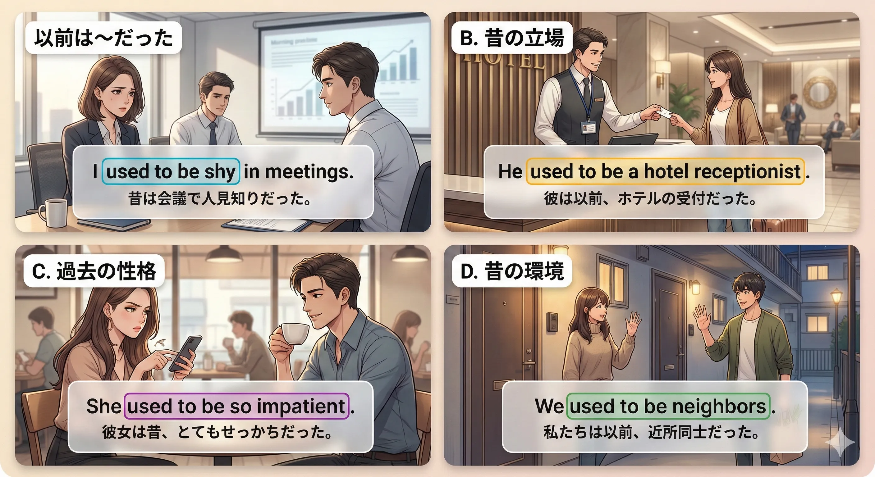 used to（過去の状態）：以前は〜だった（今は違う）を表すイメージ図