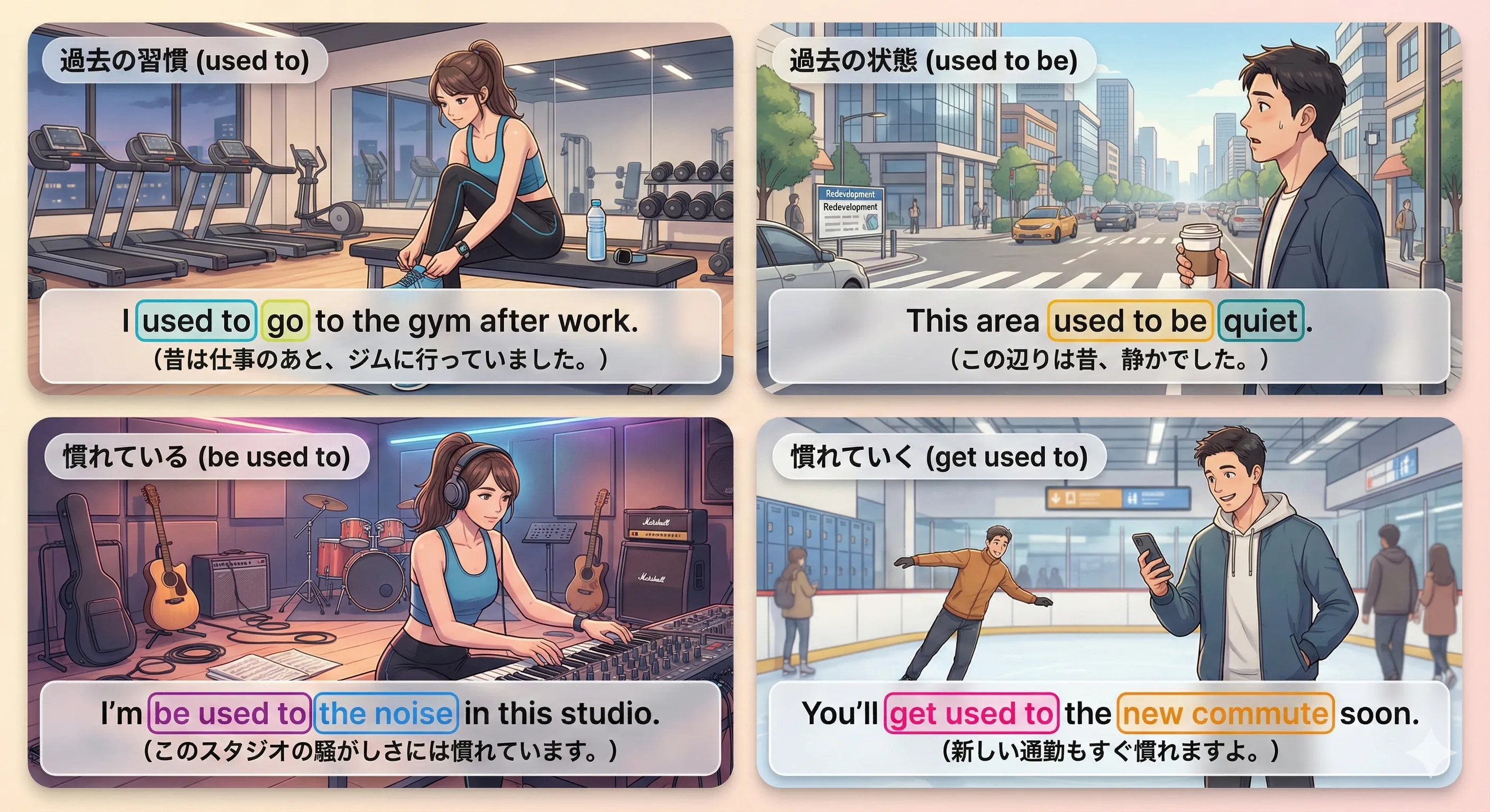 used to と be used to / get used to の違い（過去の習慣 vs 慣れている・慣れる）