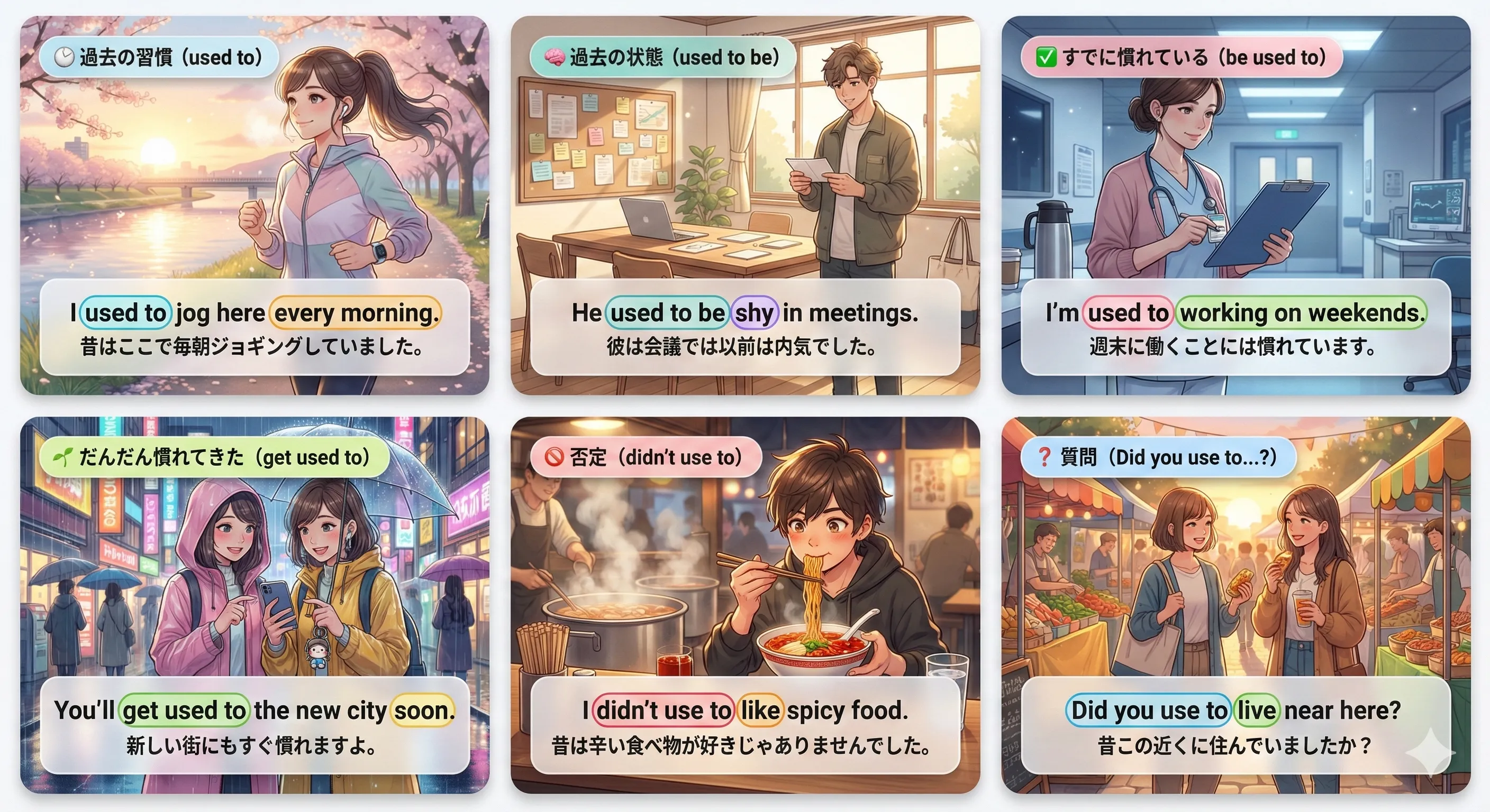 used to / be used to / get used to の違いを整理するイメージ図