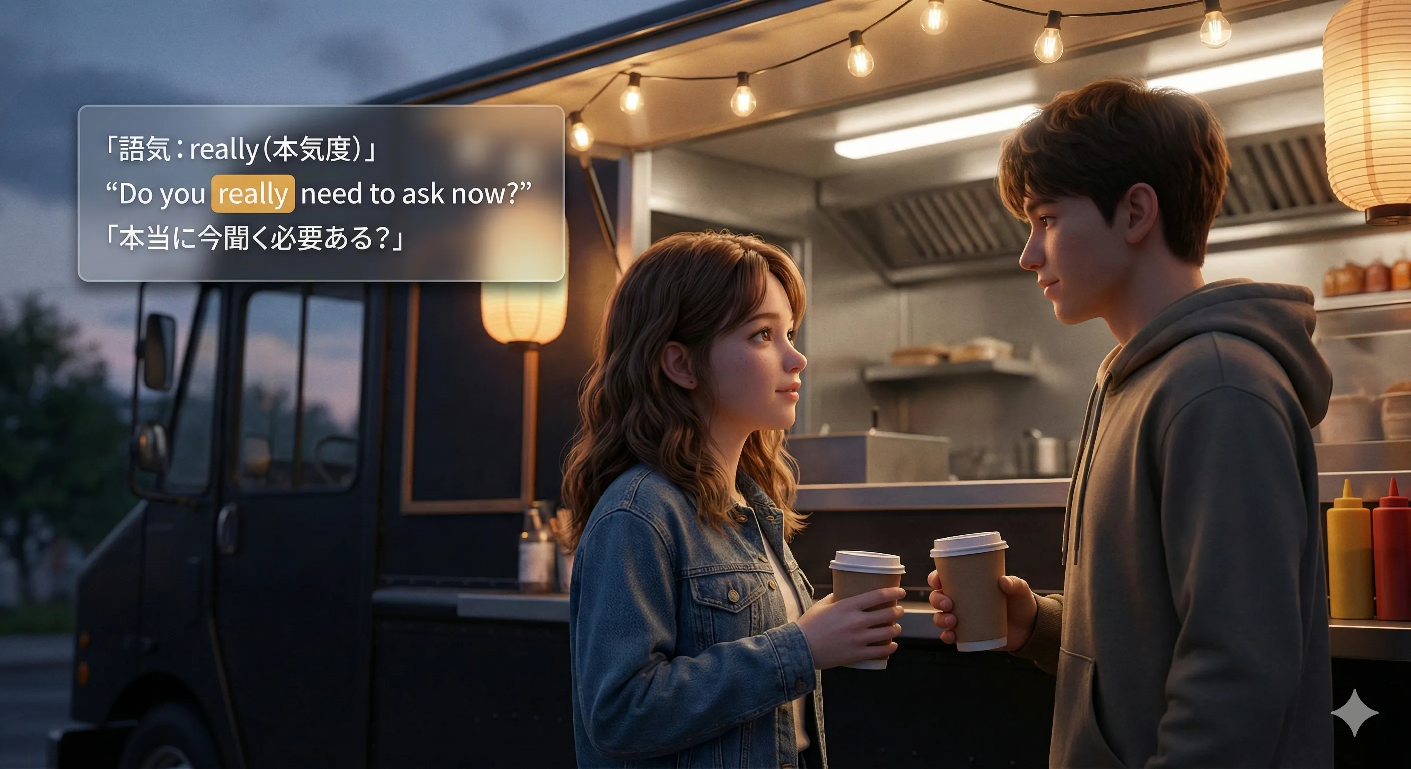 助動詞 need：副詞の位置で語気が変わるイメージ図