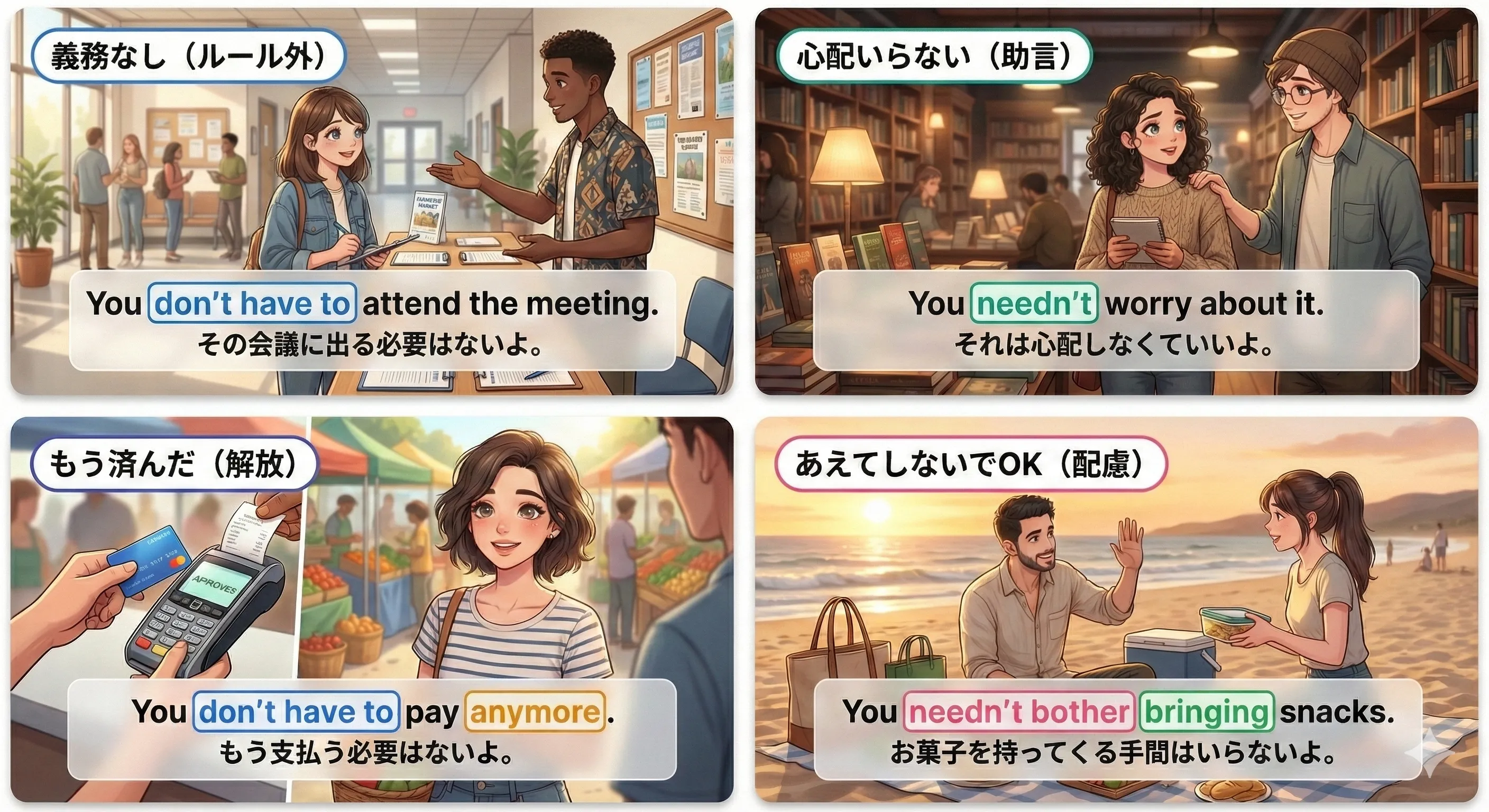 needn't と don't have to：『不要』のニュアンスの違い