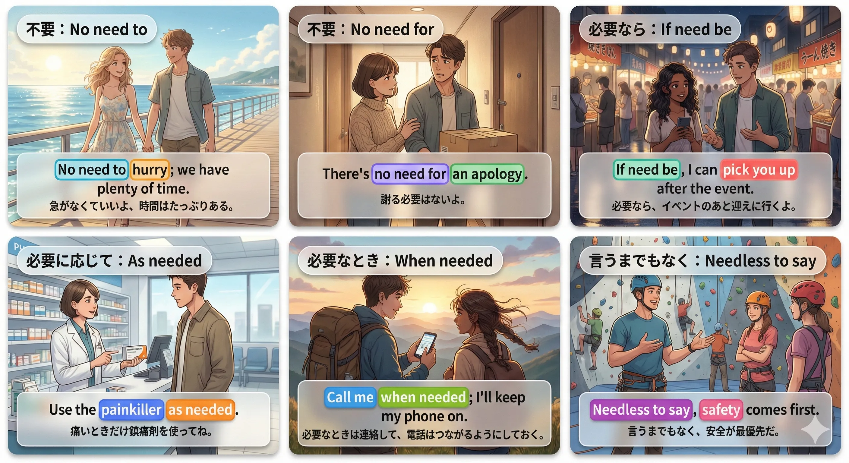 need の便利表現：no need / if need be / as needed などをまとめて覚えるイメージ図
