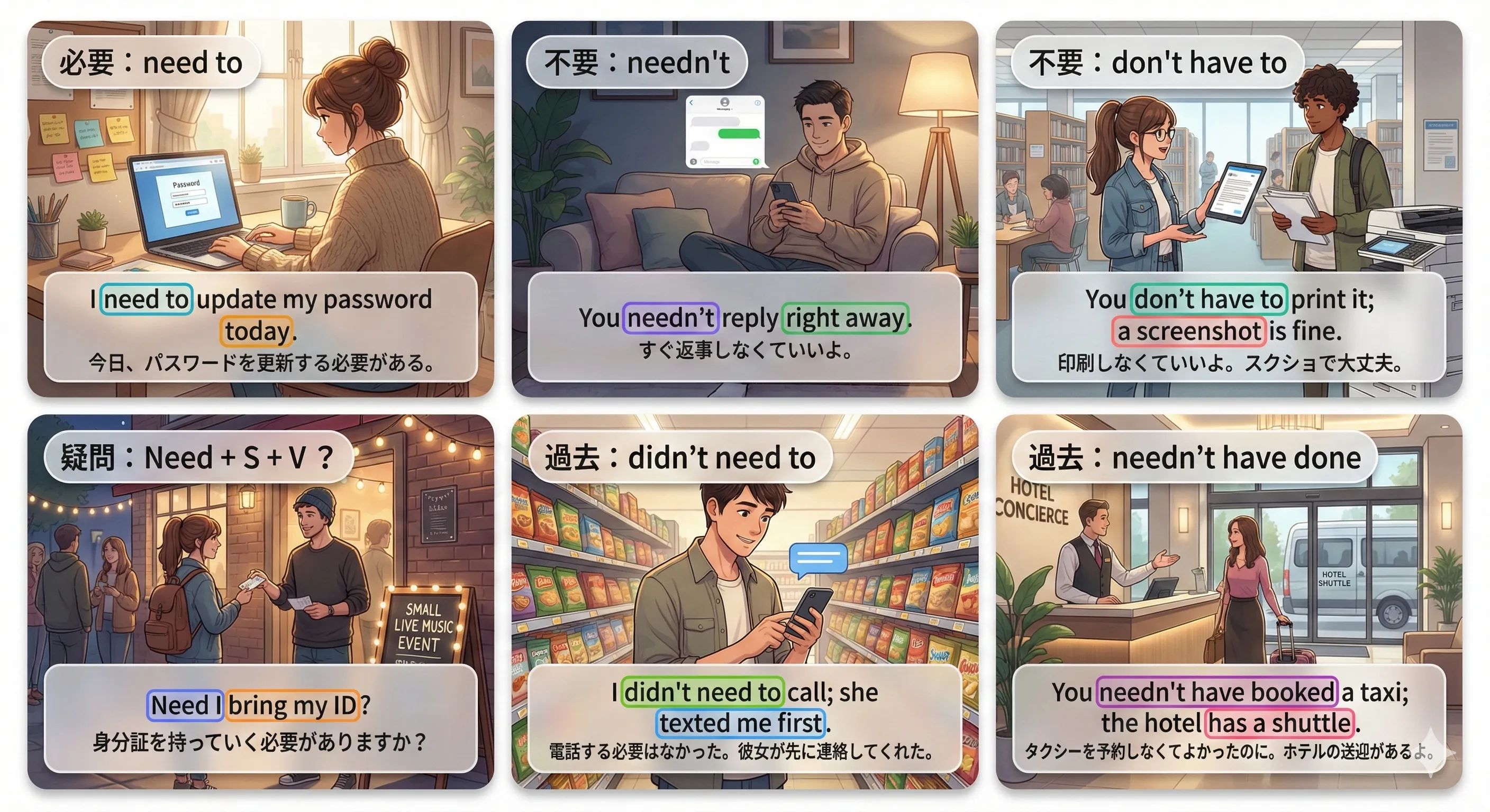 need の使い分け（助動詞 need / need to / don't have to など）を整理するイメージ図