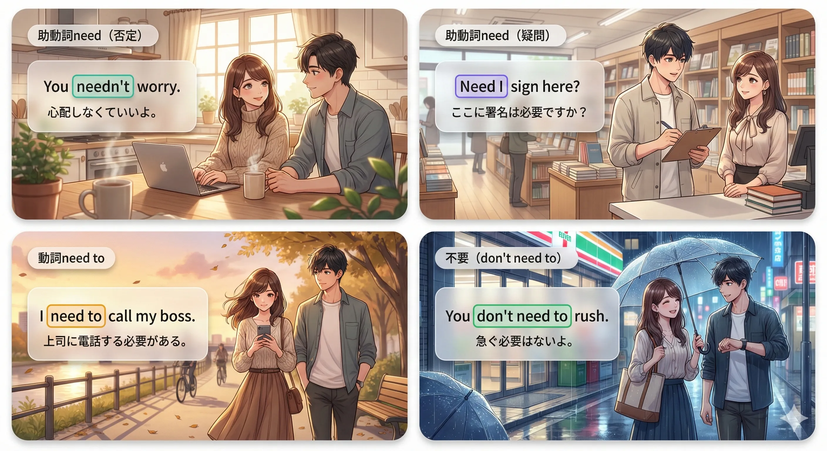 need（助動詞）と need to（動詞）の違いイメージ図