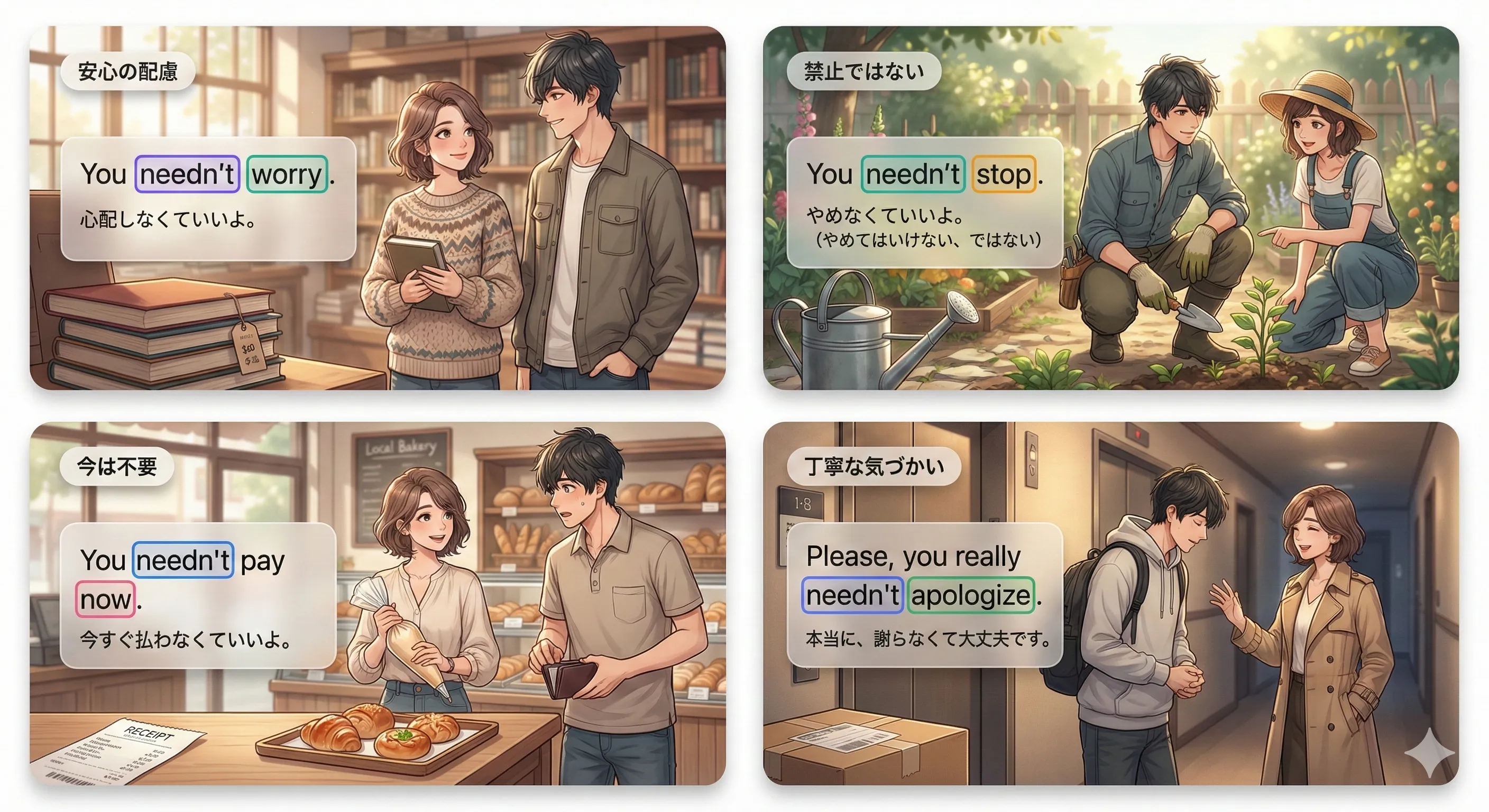 needn't：『〜する必要はない』を needn't + 原形 で言うイメージ図