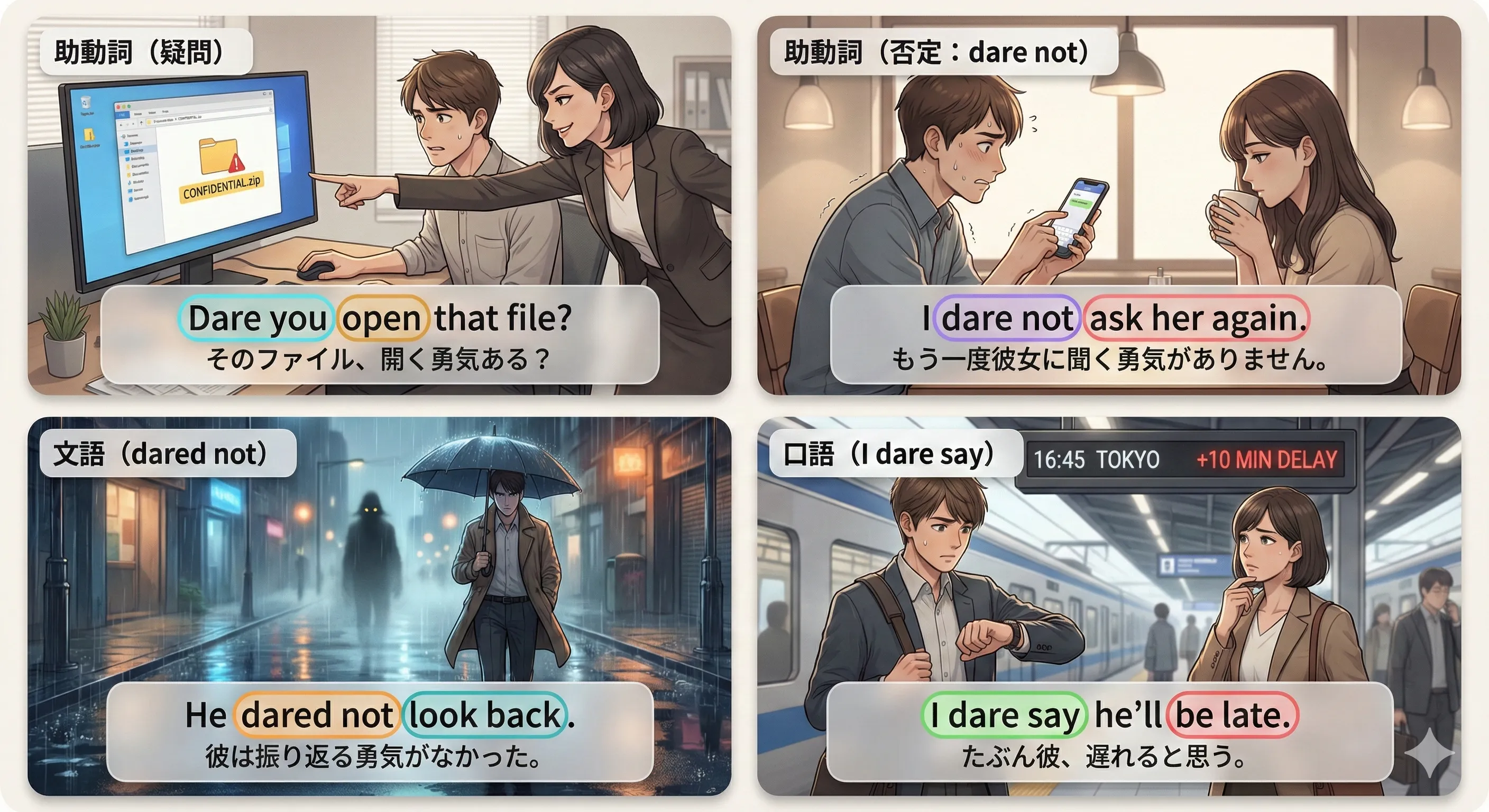 助動詞的 dare：Dare you ...? / dare not（do を使わずに疑問・否定を作る）