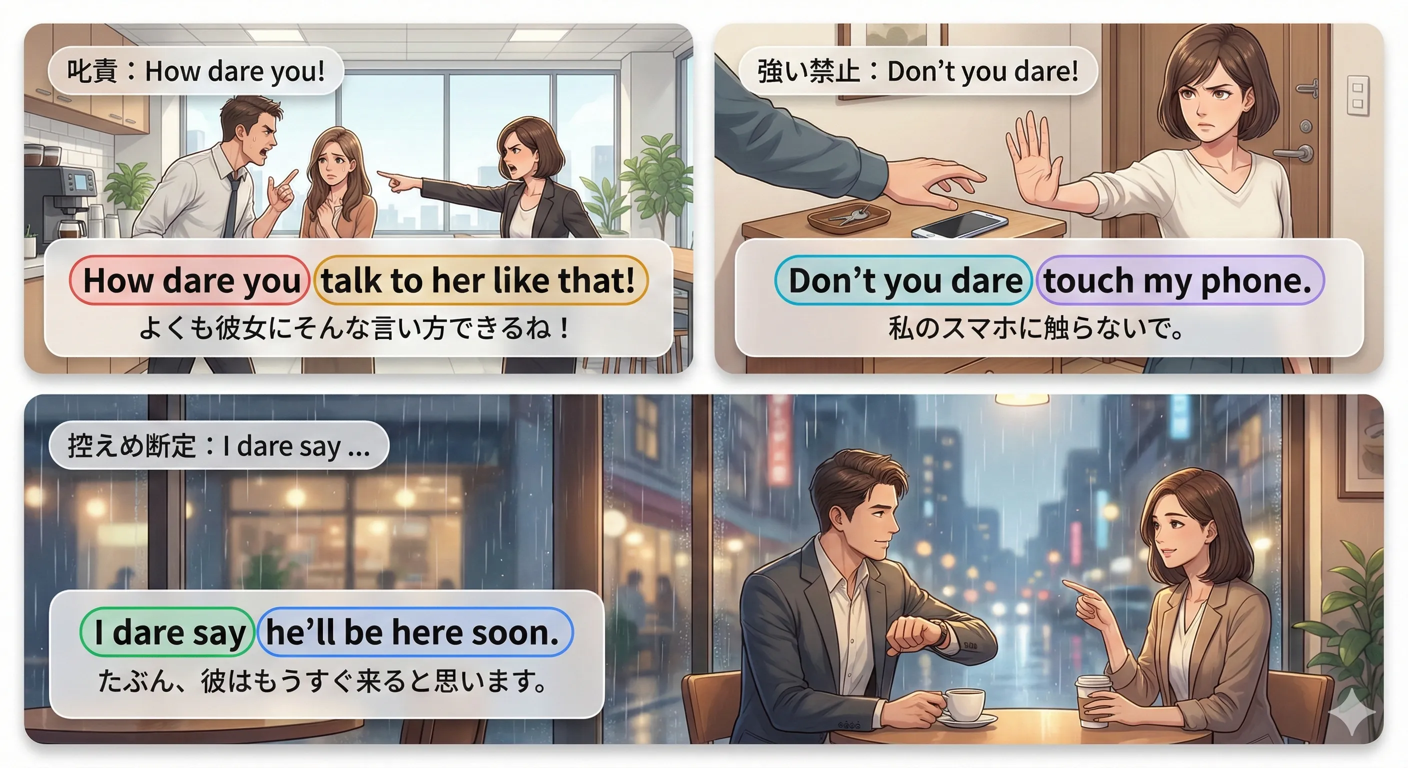 dare の定番フレーズ（How dare you / Don't you dare / I dare say）のイメージ図