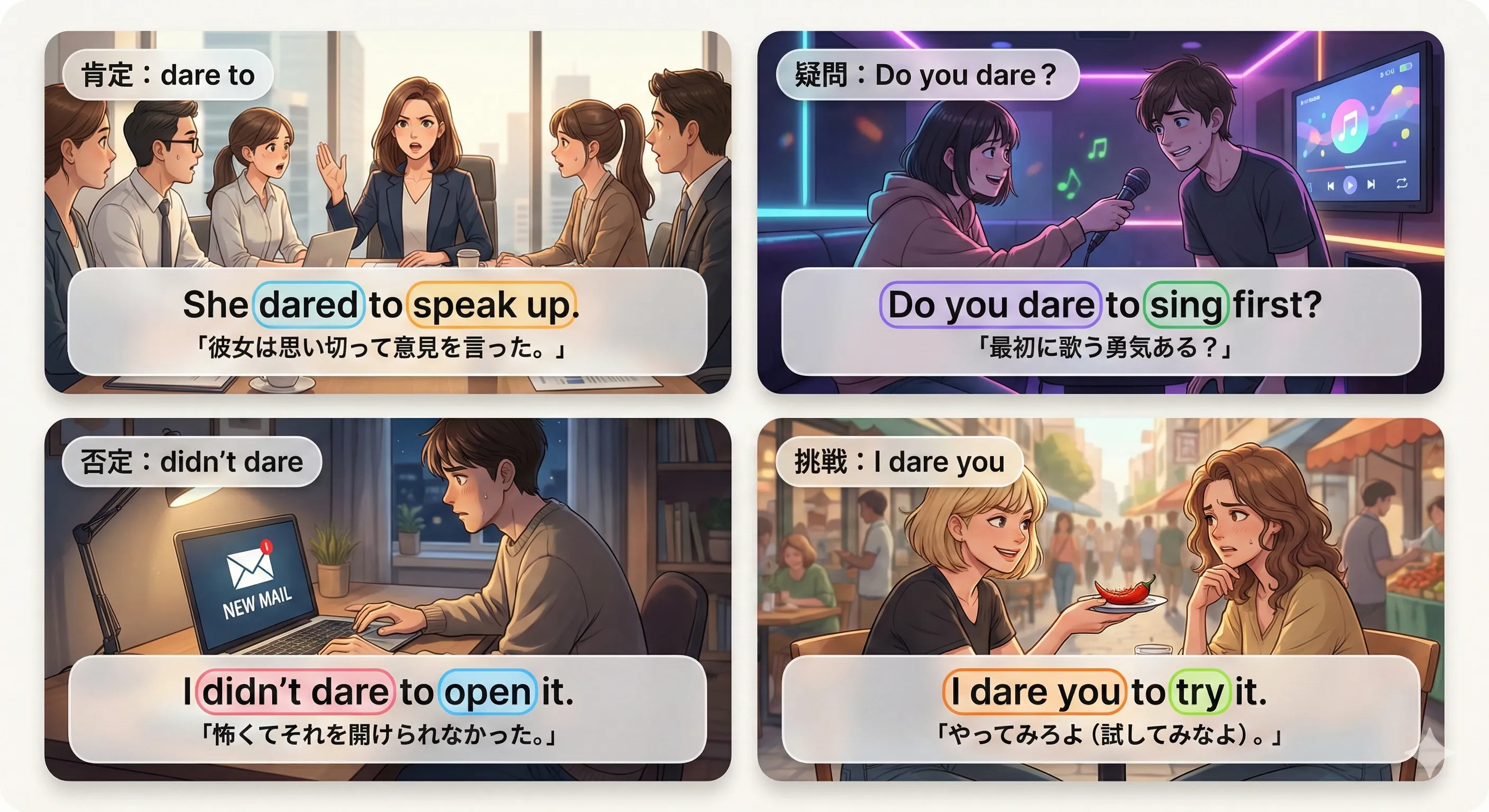 一般動詞 dare：dare to do / Do you dare (to) ...? / don’t-didn’t dare (to) ... / I dare you to ... を整理した図