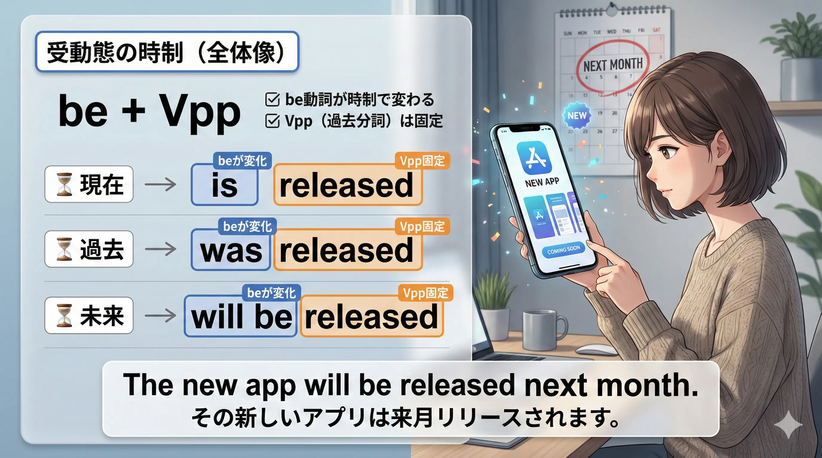 受動態の時制：be動詞を時制変化させて be + 過去分詞 を作る全体像