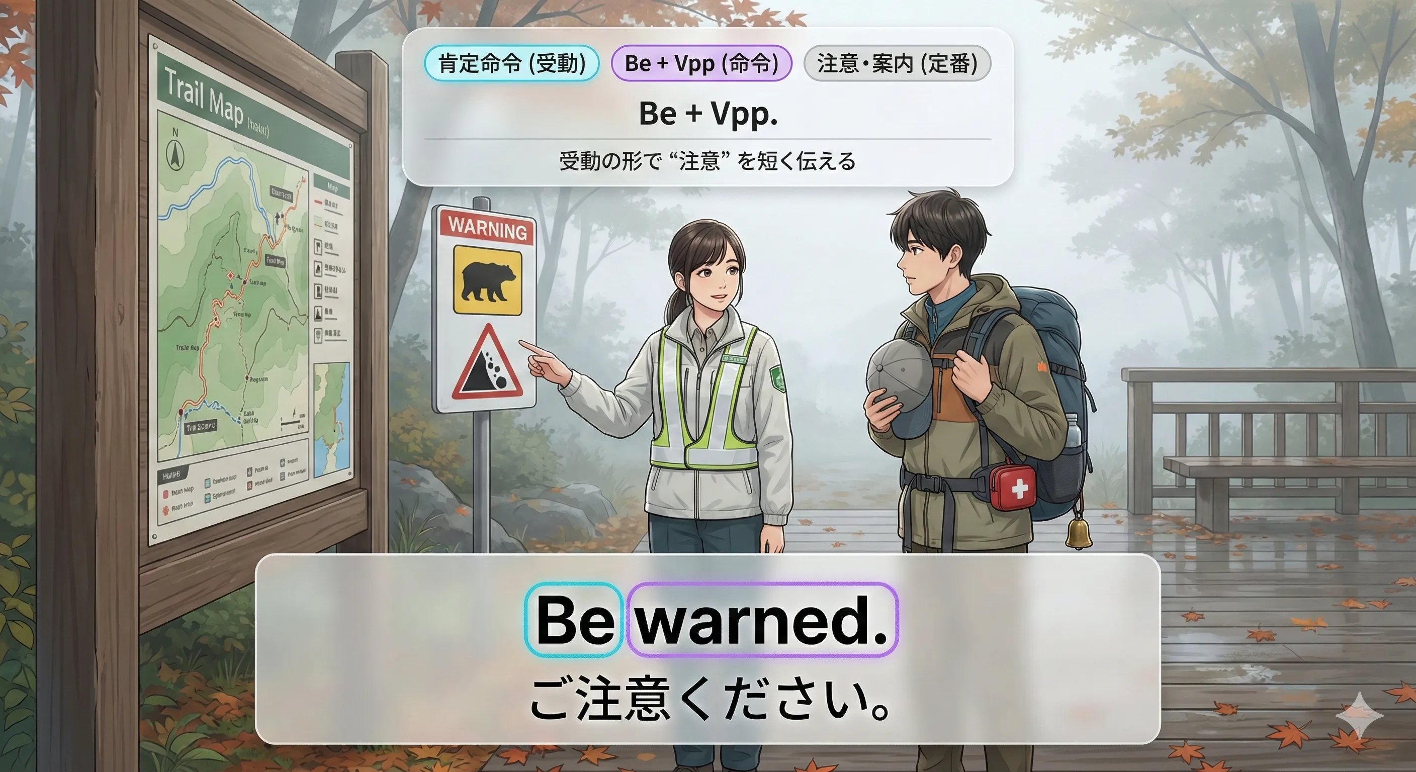 肯定命令（受動）：Be + 過去分詞 / Let / Have / Get の使い分けイメージ