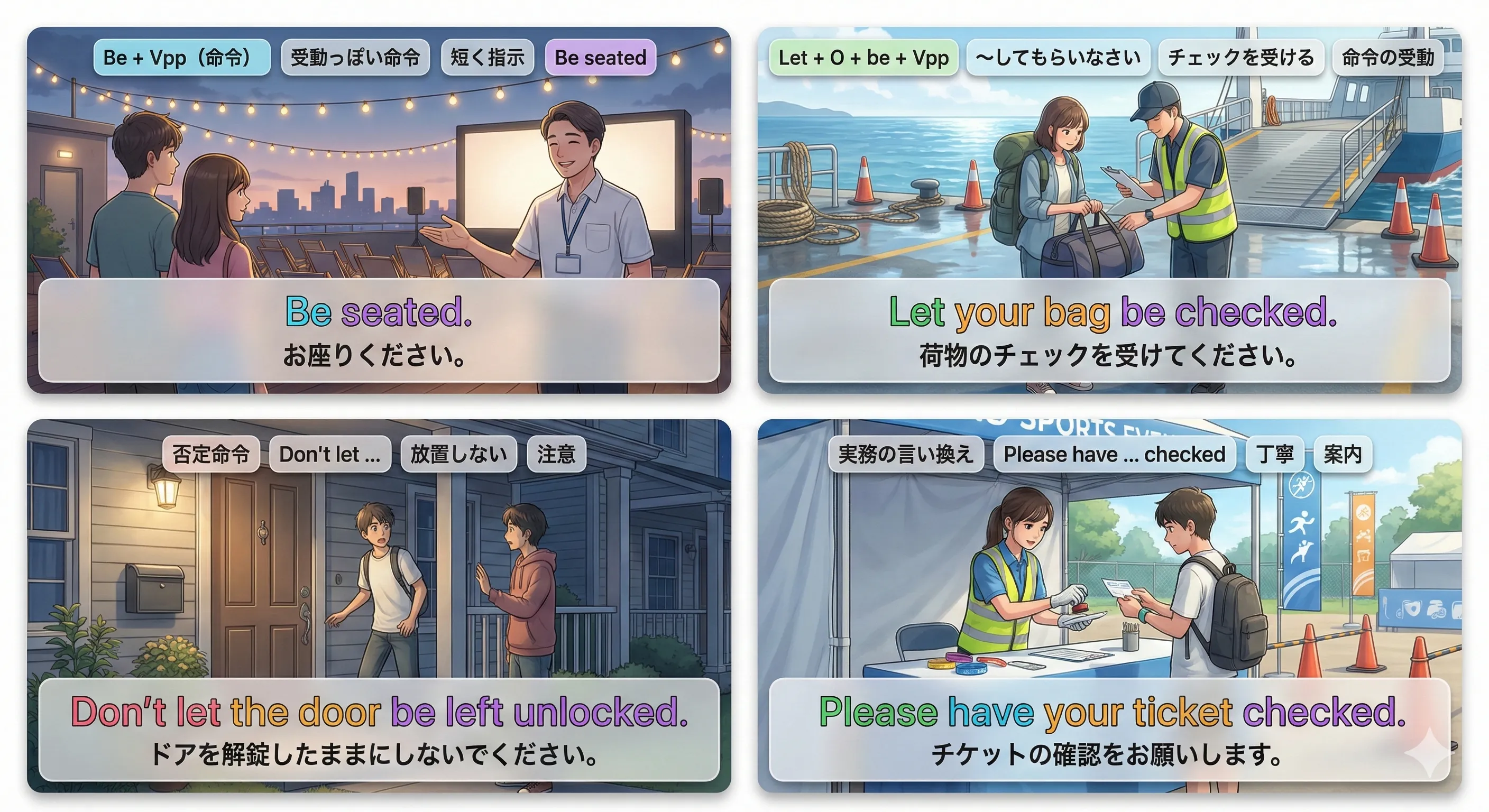 命令文の受動態：Let / Be + Vpp の発想（肯定命令・否定命令・実務の言い換えへつながる図）