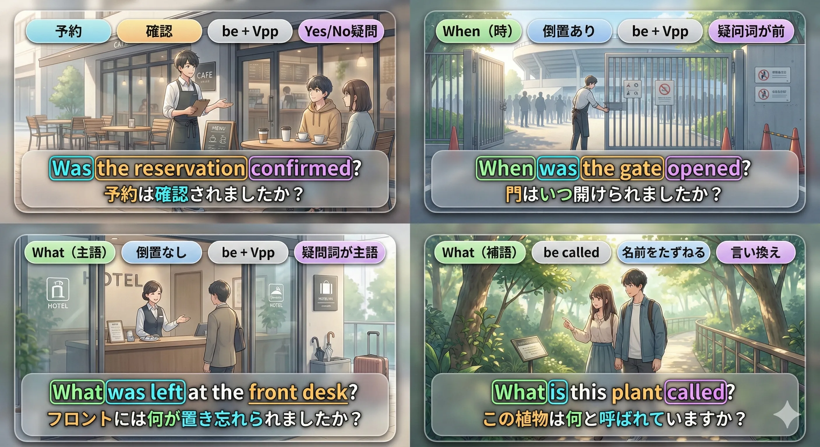 疑問文の受動態まとめ：Be/助動詞/完了形/疑問詞の語順が一目で分かる図