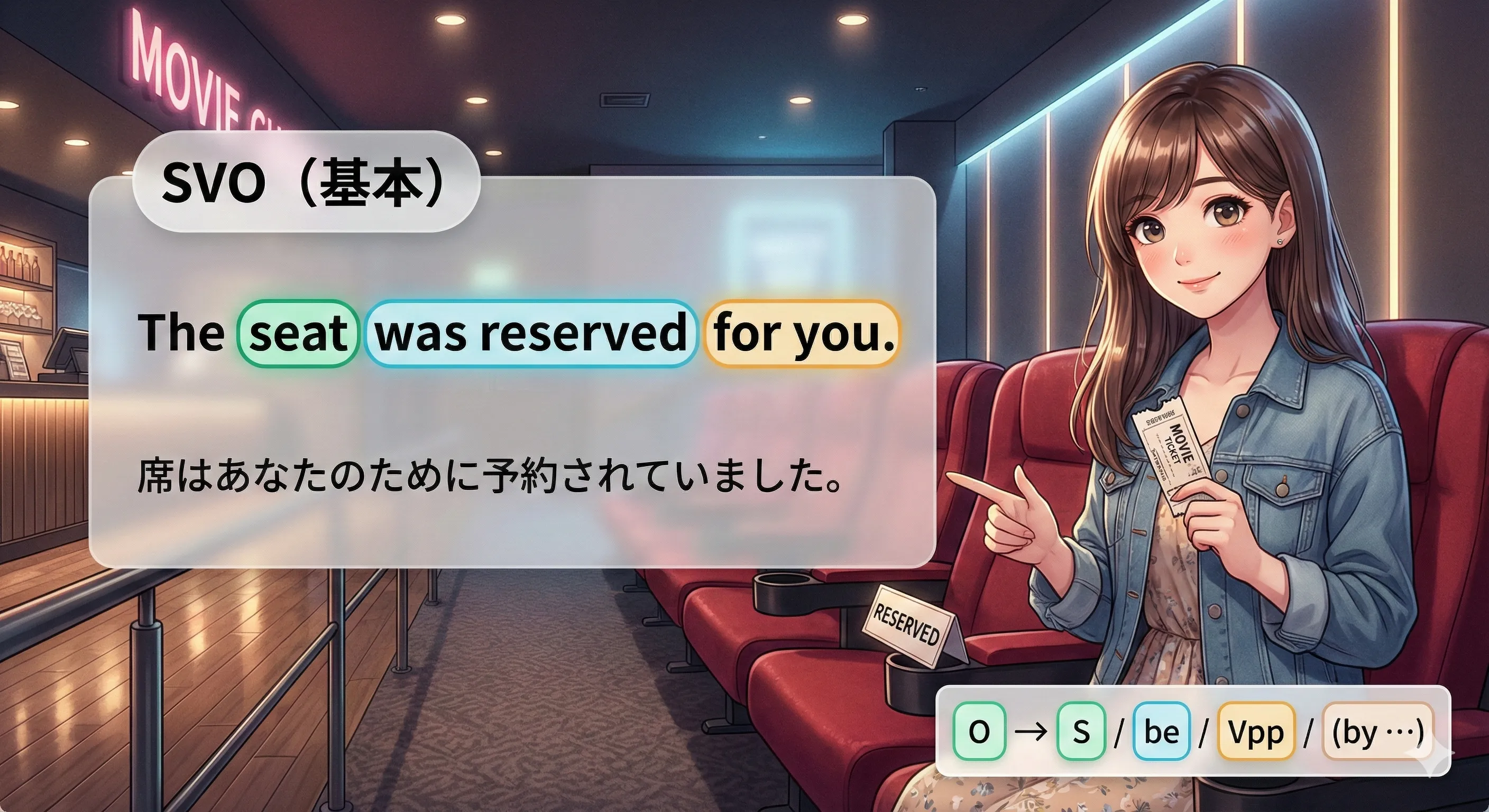 第3文型（SVO）の受動態：Oを主語にして be + 過去分詞で『〜される』を作る図