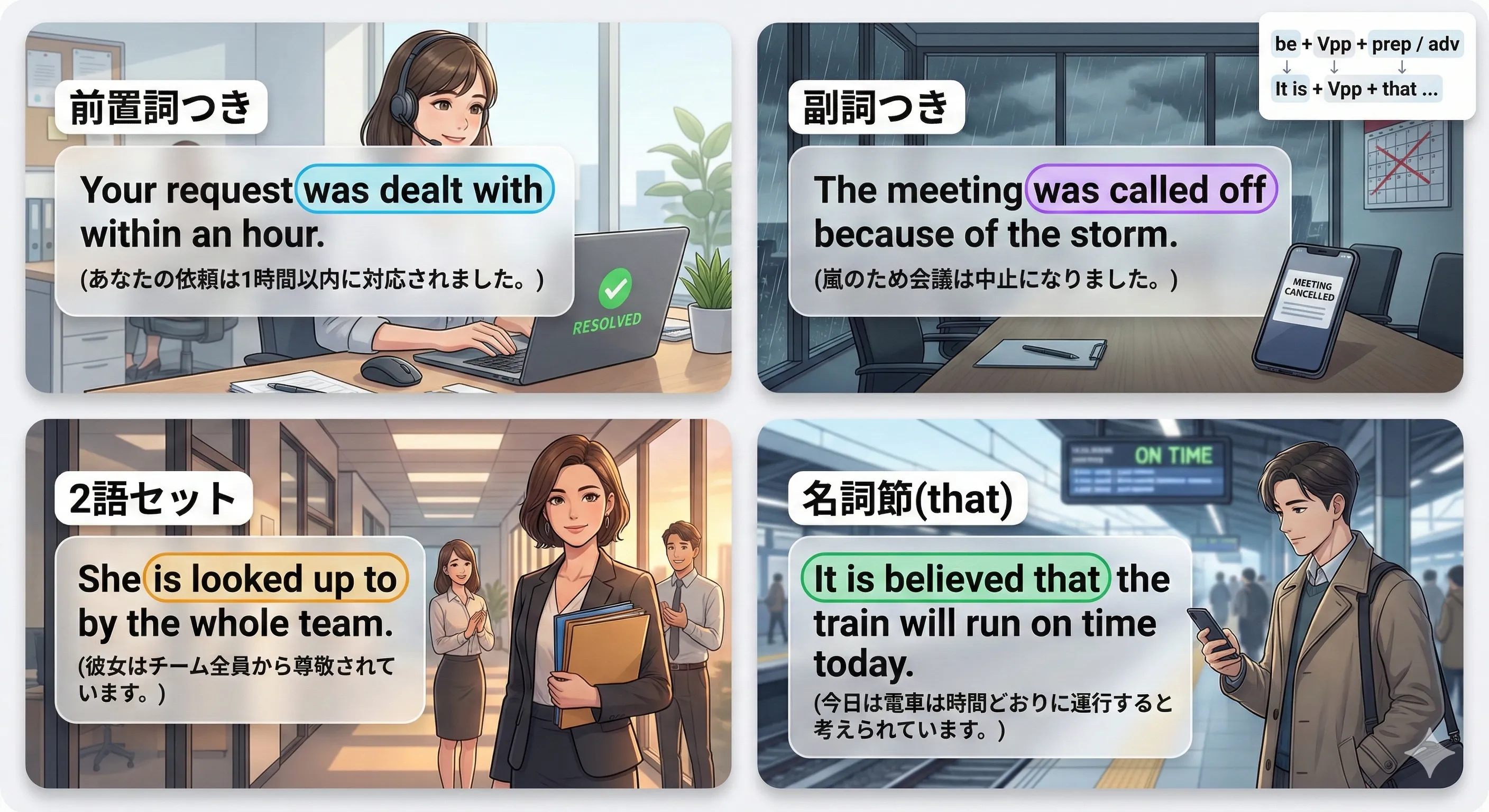 群動詞・名詞節の受動態：前置詞/副詞が文末に残る＆It is said that...の全体像