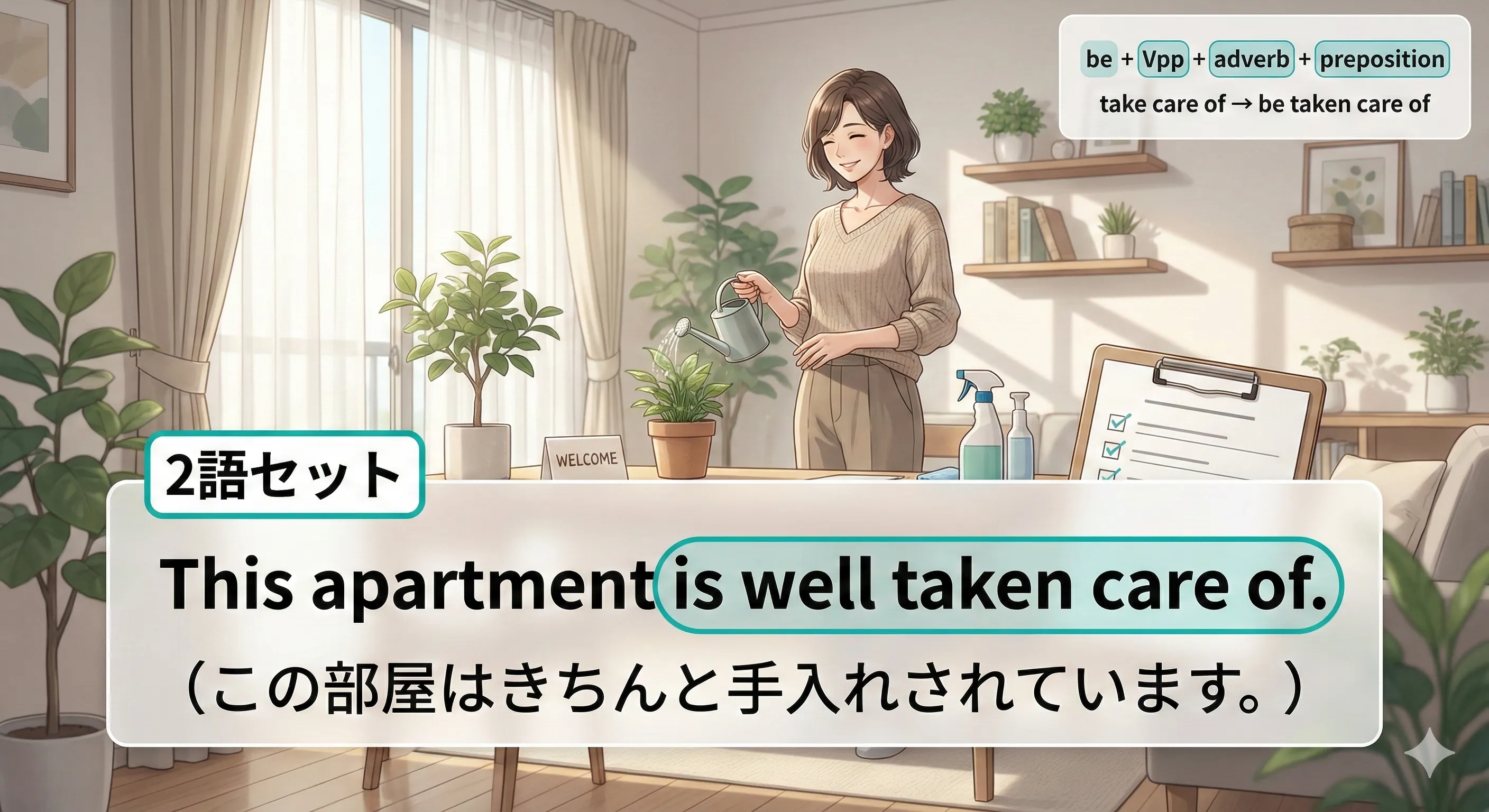 動詞 + 副詞 + 前置詞 の受動態（2語セット）：前置詞が文末に残るイメージ