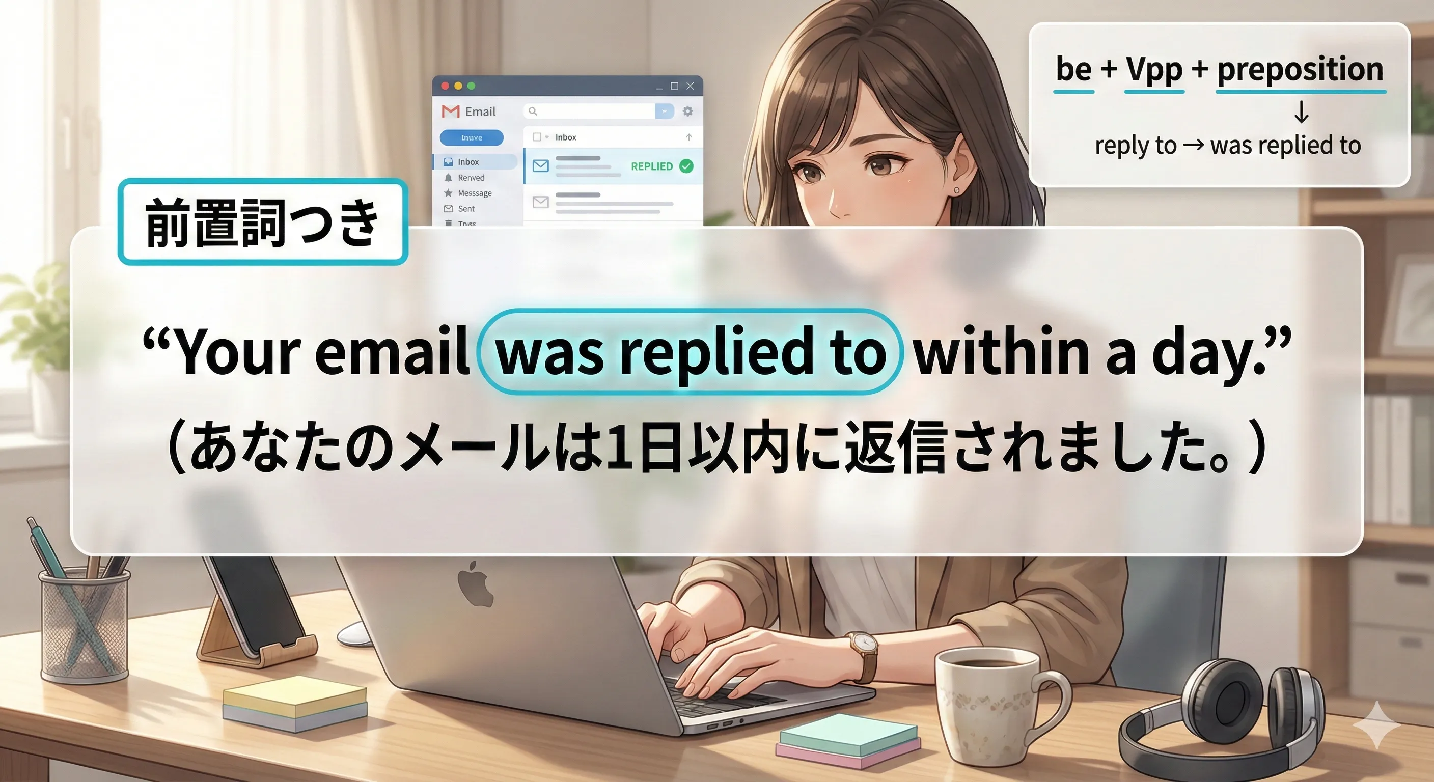 動詞+前置詞の受動態：be + 過去分詞 + 前置詞（to/at/about/for/onなどが文末に残る）