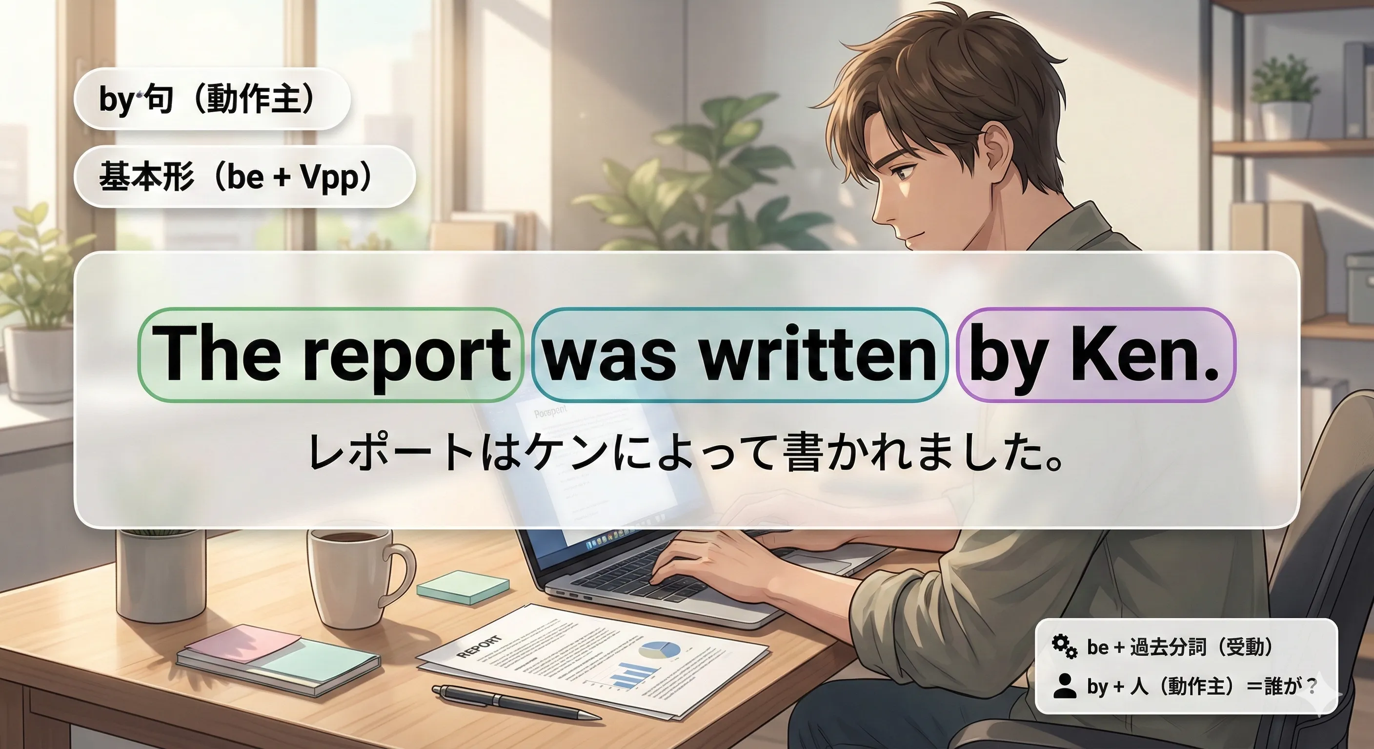 動作の受動態：by句で「誰が？」を足して出来事を説明するイメージ図