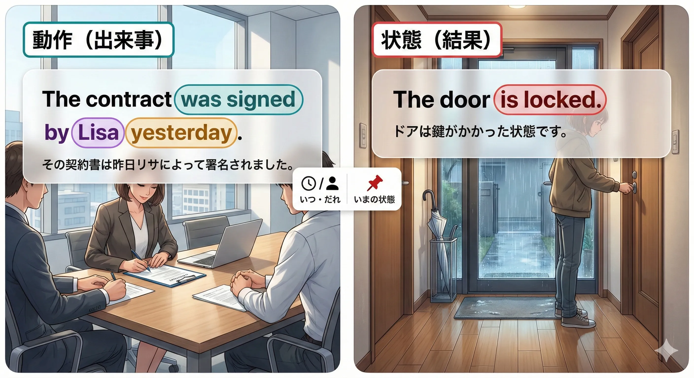 受動態（動作の受動態／状態の受動態）を見分ける全体像イメージ図