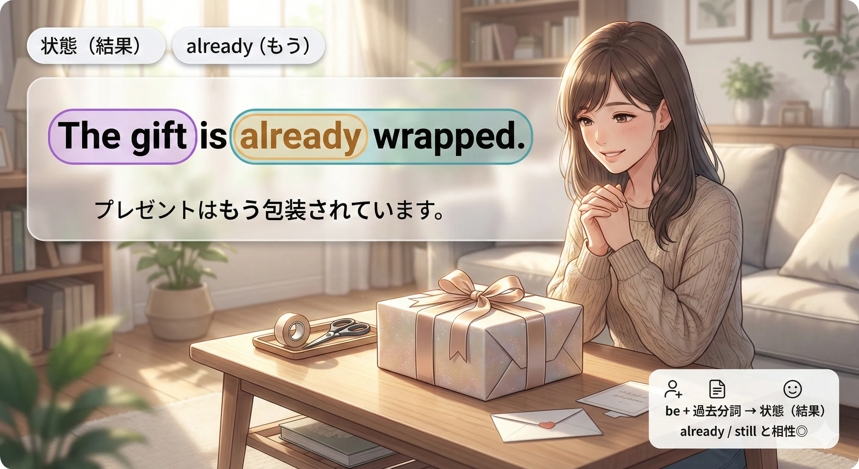 状態の受動態：be + 過去分詞（結果として〜されている状態）を表すイメージ