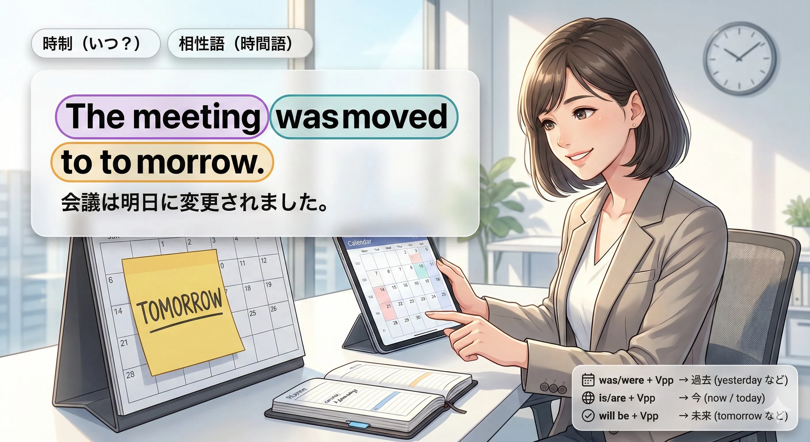 受動態の時制と相性語：yesterdayは過去、alreadyは現在完了、next weekは未来、の対応イメージ図