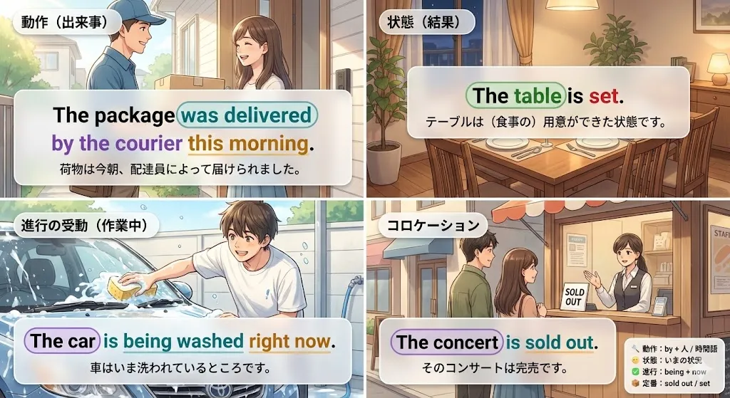 受動態の種類（動作の受動・状態の受動）を見分ける総まとめ図