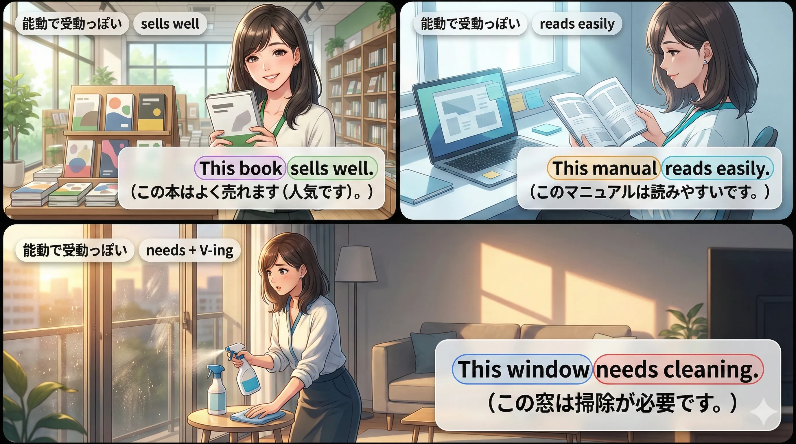 能動態なのに受動っぽい表現：sells well / reads easily / needs cleaning などのイメージ図