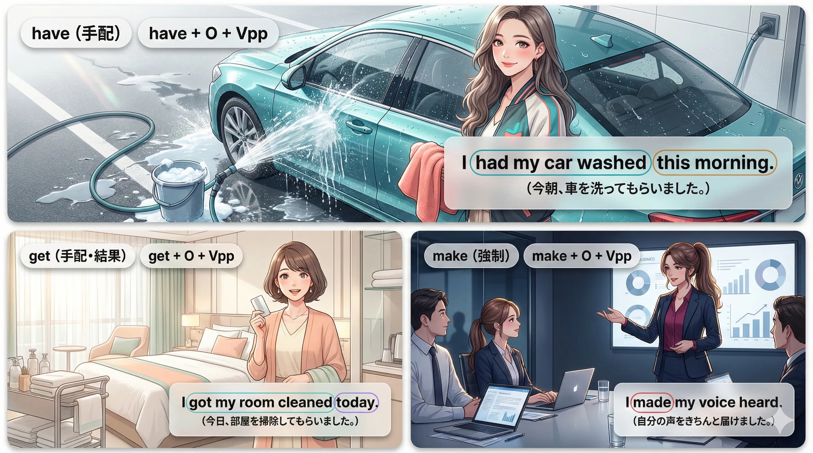 have/get/make + 目的語 + 過去分詞：被害・手配・強制をまとめて表す重要パターン